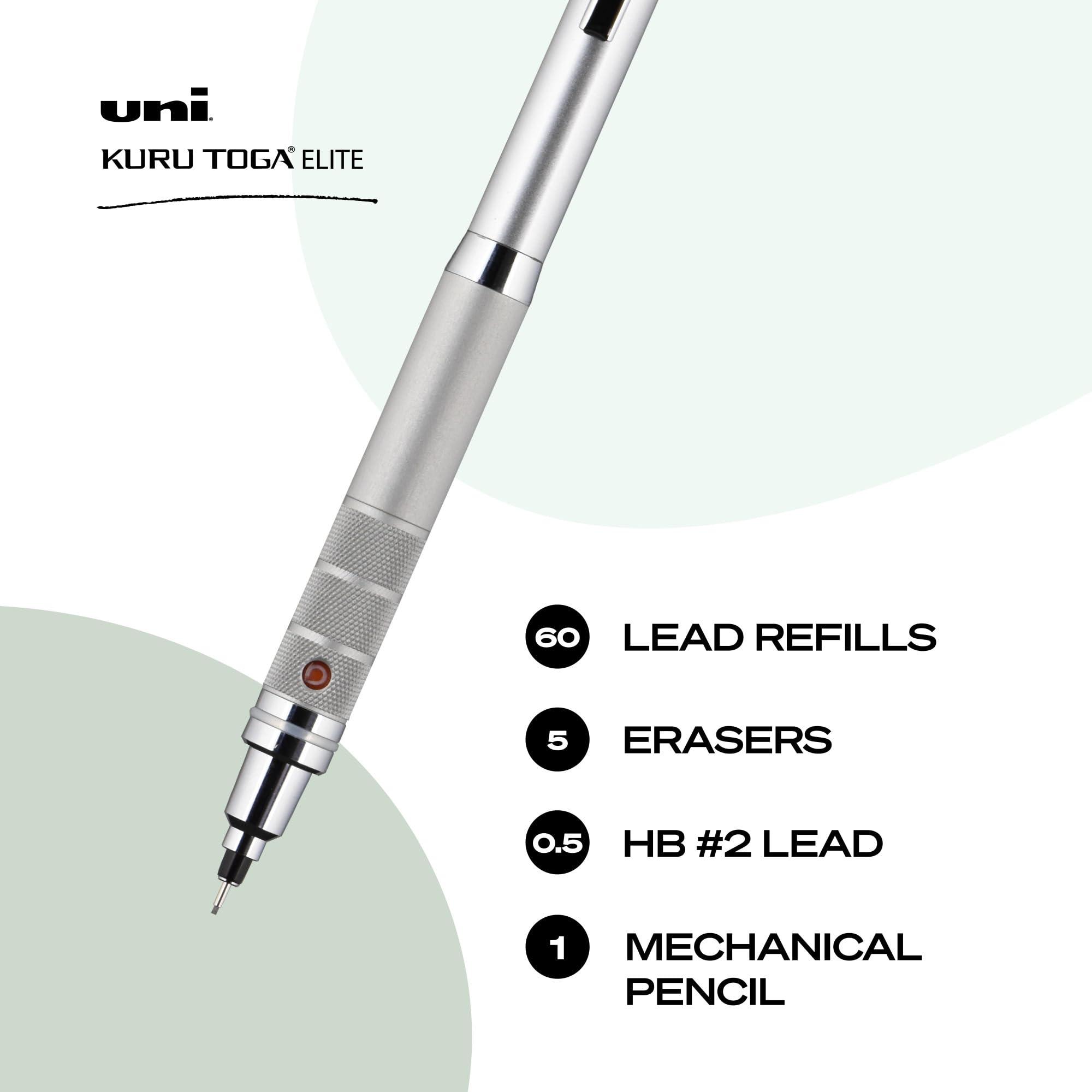 Uniball Kuru Toga Elite Mechanical Pencil Starter Kit with Silver Barrel and 0.5mm Tip; 60 Lead Refills; and 5 Pencil Eraser Refills; HB #2; Office Supplies; School Supplies; Drafting - Image 2