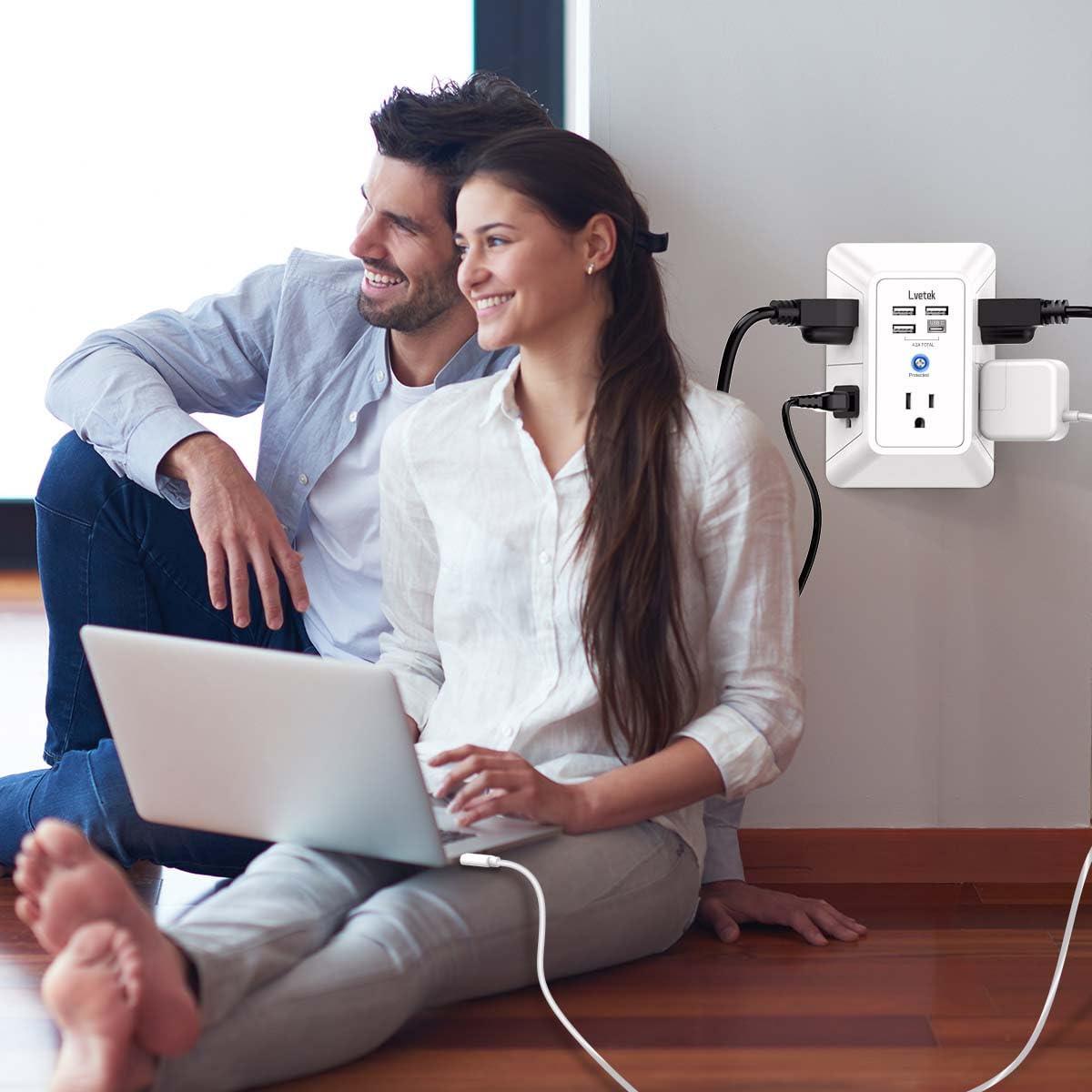 Lvetek 5 Outlet Extender Multi Plug Wall Outlets with 4 USB Charging Ports (1 USB C Outlet), 3 Sided 1680J Surge Protector Power Strip USB Wall Charger for Home, Office, Travel, ETL Listed, White - Image 3