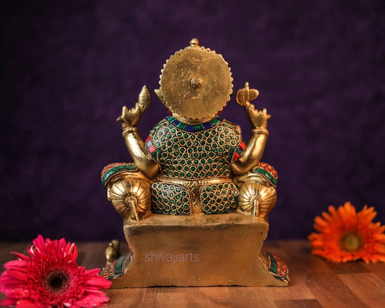 SHIVAJIARTS Brass Ganesh Statue, 25CM Big Size Inlay Work Ganesha Idol, Hindu Deity of God Luck, Vinayak Ganpati, Lord of Wisdom, Brass Sculpture Figurine - Image 3