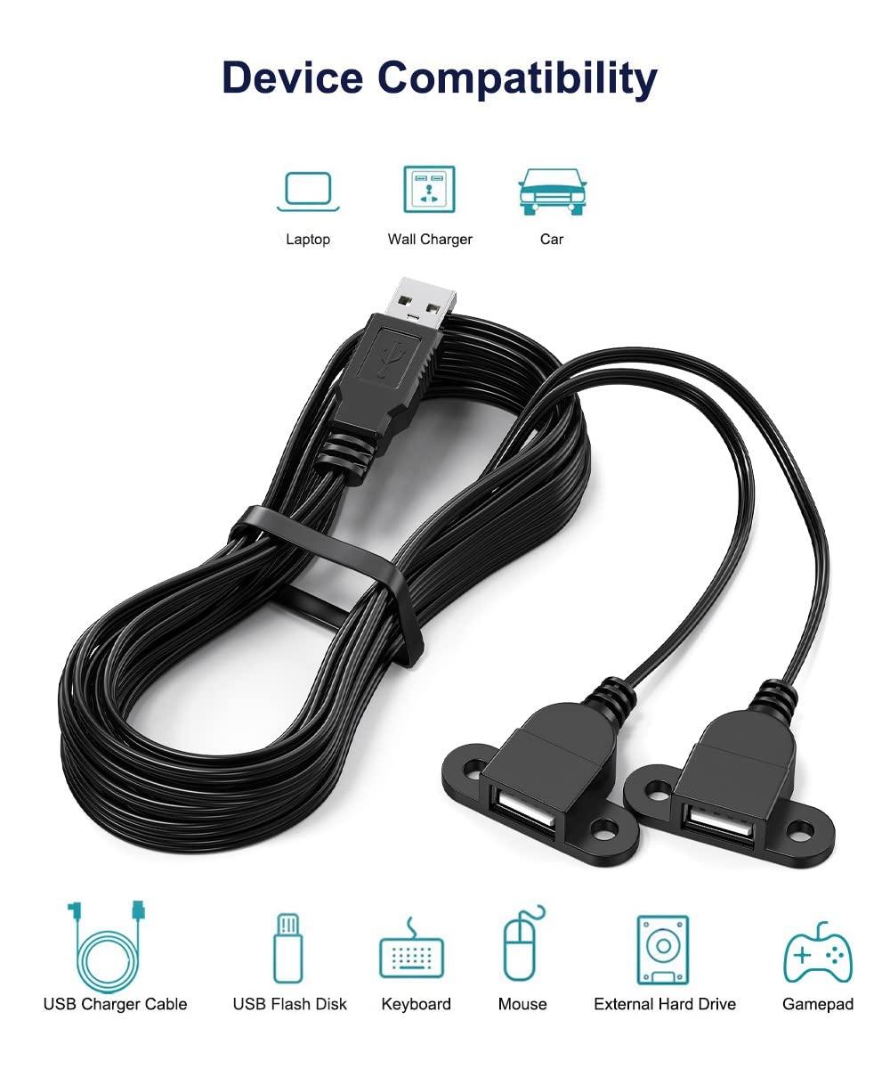 JUXINICE USB Charging Extension Panel Mount Cable,USB 2.0 Charging Port 1 to 2 Panel Mount with Screw Hole, Used for Furniture/Mobile Phones/Portable Power and More(5FT/1.5m) with 4PCS Screw - Image 2