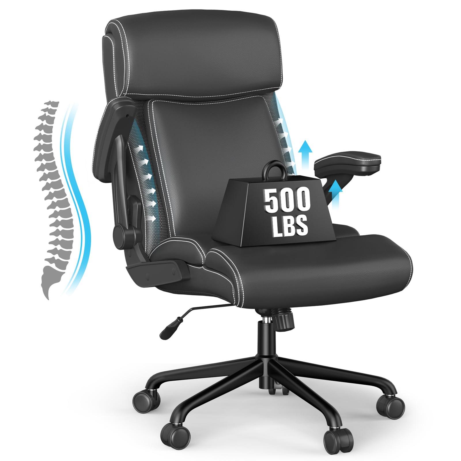 ralex-chair Big and Tall Office Chair, 500lbs for Heavy People, High Back Leather Executive Desk Chair with Flip-up Armrests and Adjustable Height (Black)
