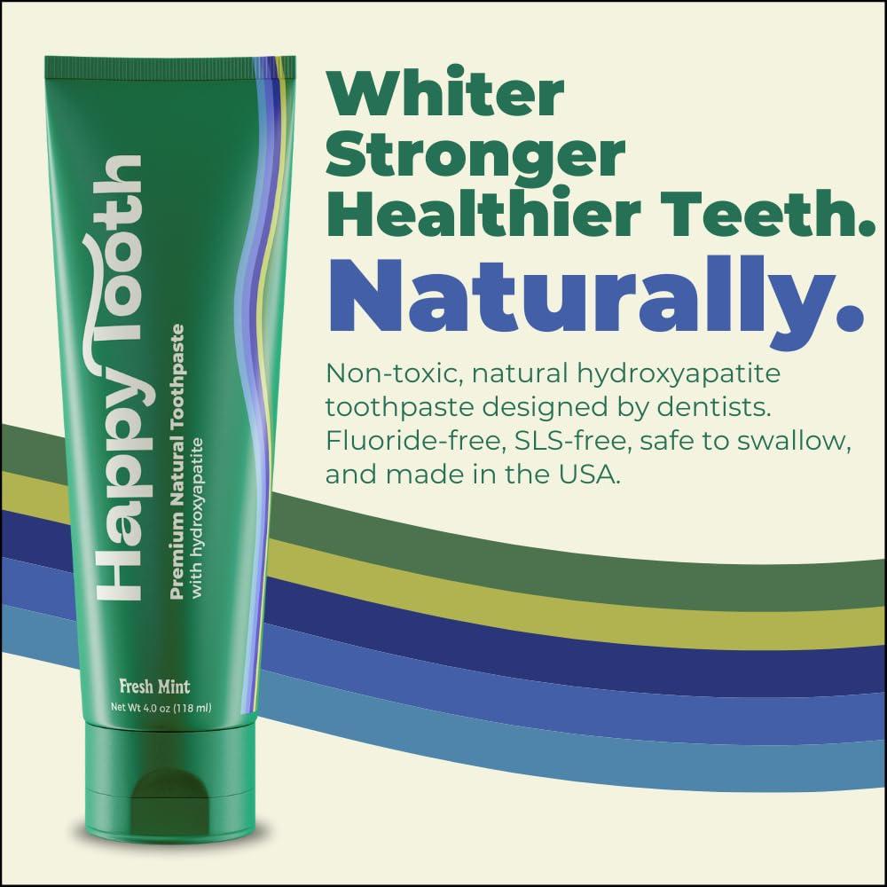 Happy Tooth Hydroxyapatite Toothpaste, Fluoride Free, Natural Whitening for Kids, Toddlers and Adults, SLS Free, Enamel Safe, Dentist Formulated with Clean Ingredients, Fresh Mint Flavor, 3.4oz - Image 2