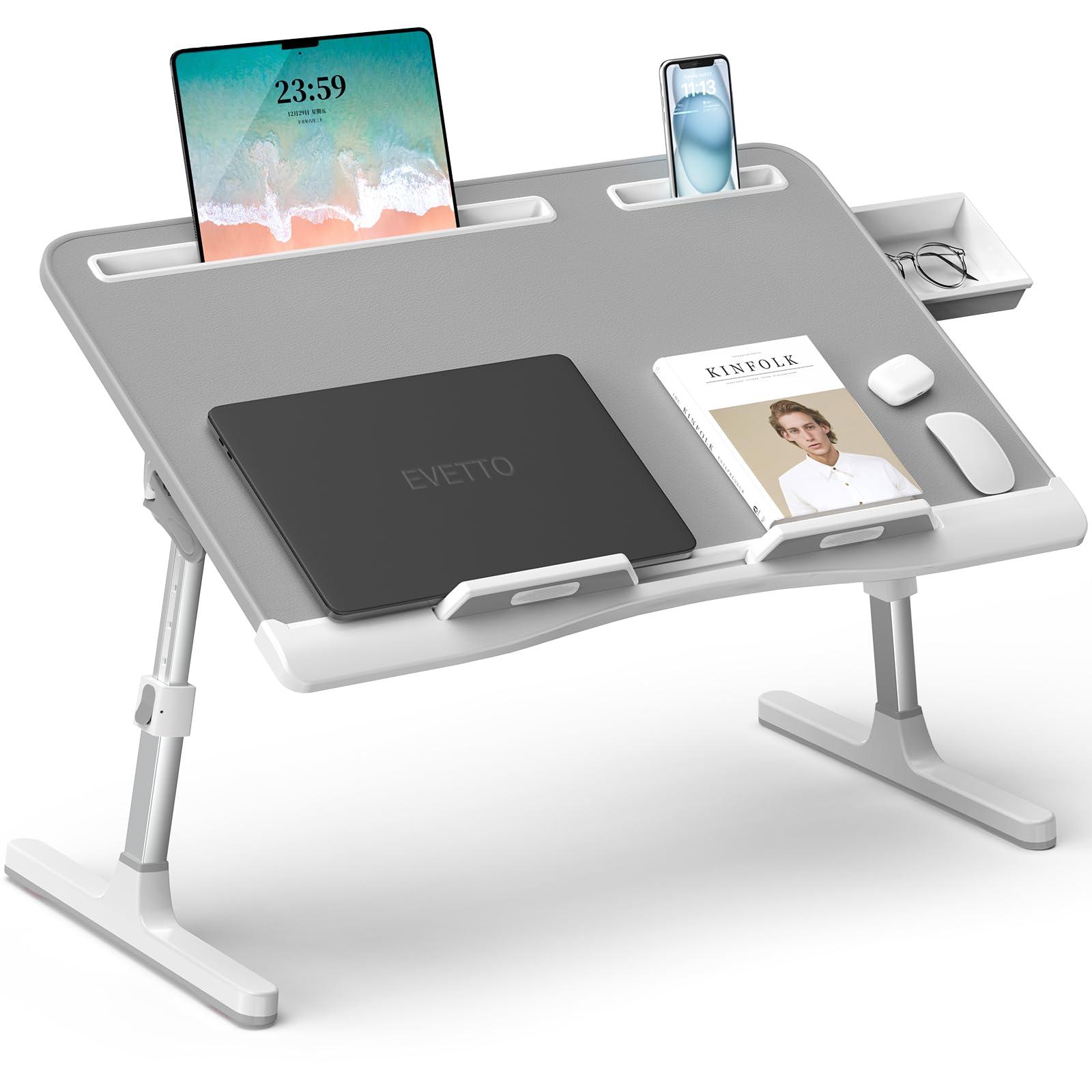 Laptop Bed Desk, X-Large Leather Adjustable Computer Bed Table Tray, Foldable Laptop Lap Desk for Bed Sofa Couch Floor Writing Eating Working with Drawer 2 Movable Stoppers (23.6 inch, Grey)