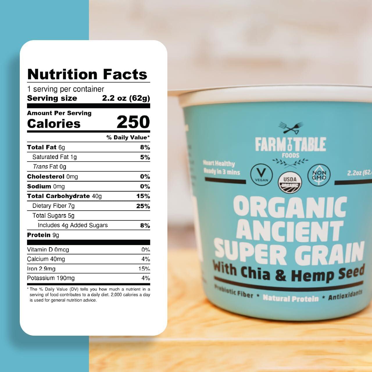 Farm to Table Foods Organic Ancient Super Grain Oatmeal Individual Serving Cups, Variety Pack - High Protein, Non-GMO, 12 Pack (2.2 oz. Cups) - Image 3