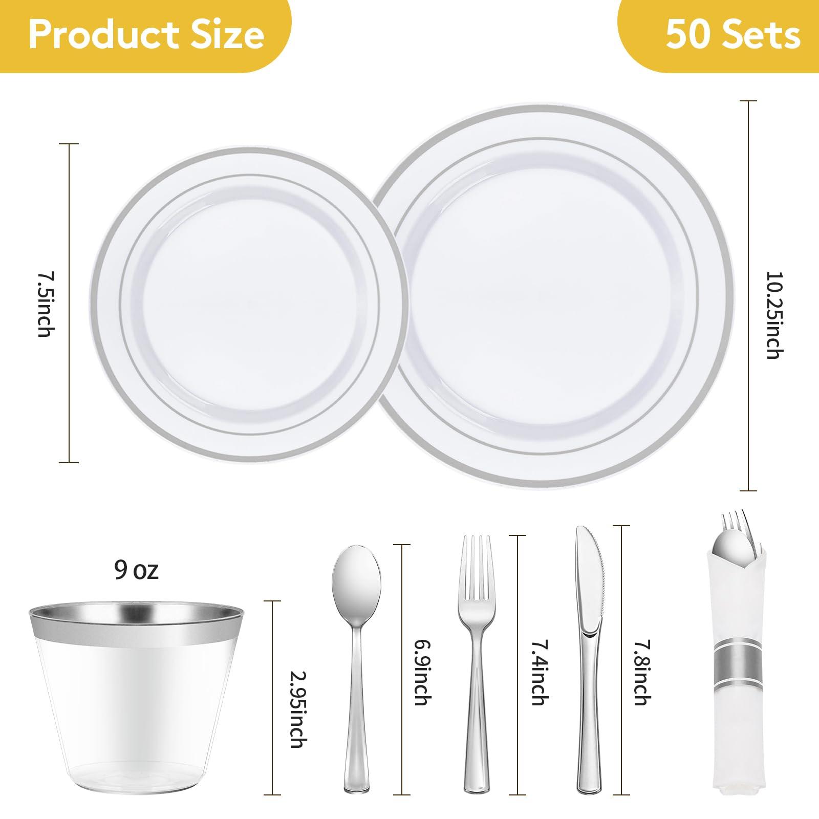 Goodluck 350 Piece Silver Plastic Dinnerware Set for 50 Guests, Fancy Disposable Plates for Party, Include: 50 Dinner Plates, 50 Dessert Plates, 50 Pre Rolled Napkins with Silver Silverware, 50 Cups - Image 3