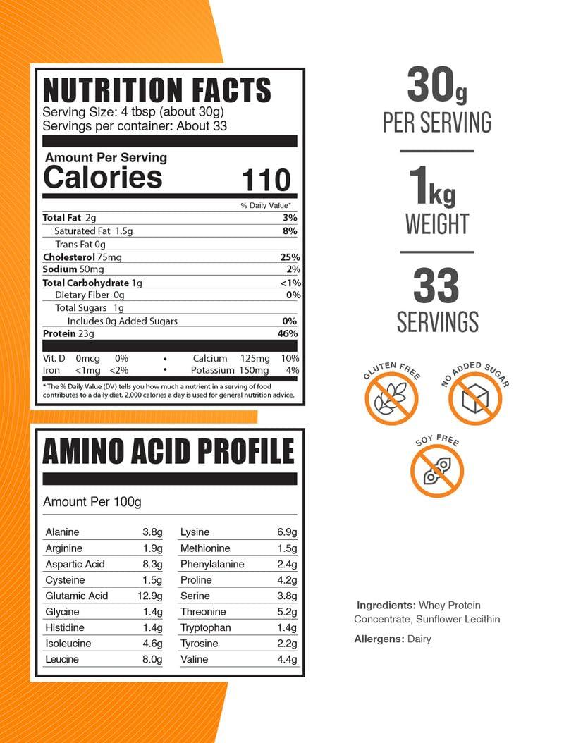 BulkSupplements.com Whey Protein Concentrate Powder - Whey Protein Powder Supplement, Unsweetened, Unflavored & Gluten Free, 30g per Serving, 1kg (2.2 lbs) (Pack of 1) - Image 2