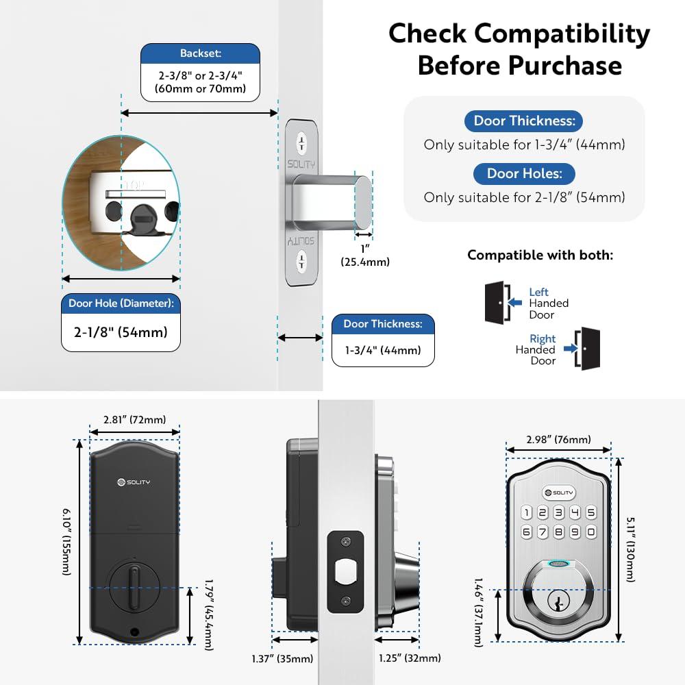 Solity Smart Digital Electronic Deadbolt Door Lock, Keyless Entry, Auto Lock, 50 Custom Codes & Fingerprints, Easy Installation, Keypad for Front & Back Door, AT10 (Satin Nickel) - Image 7