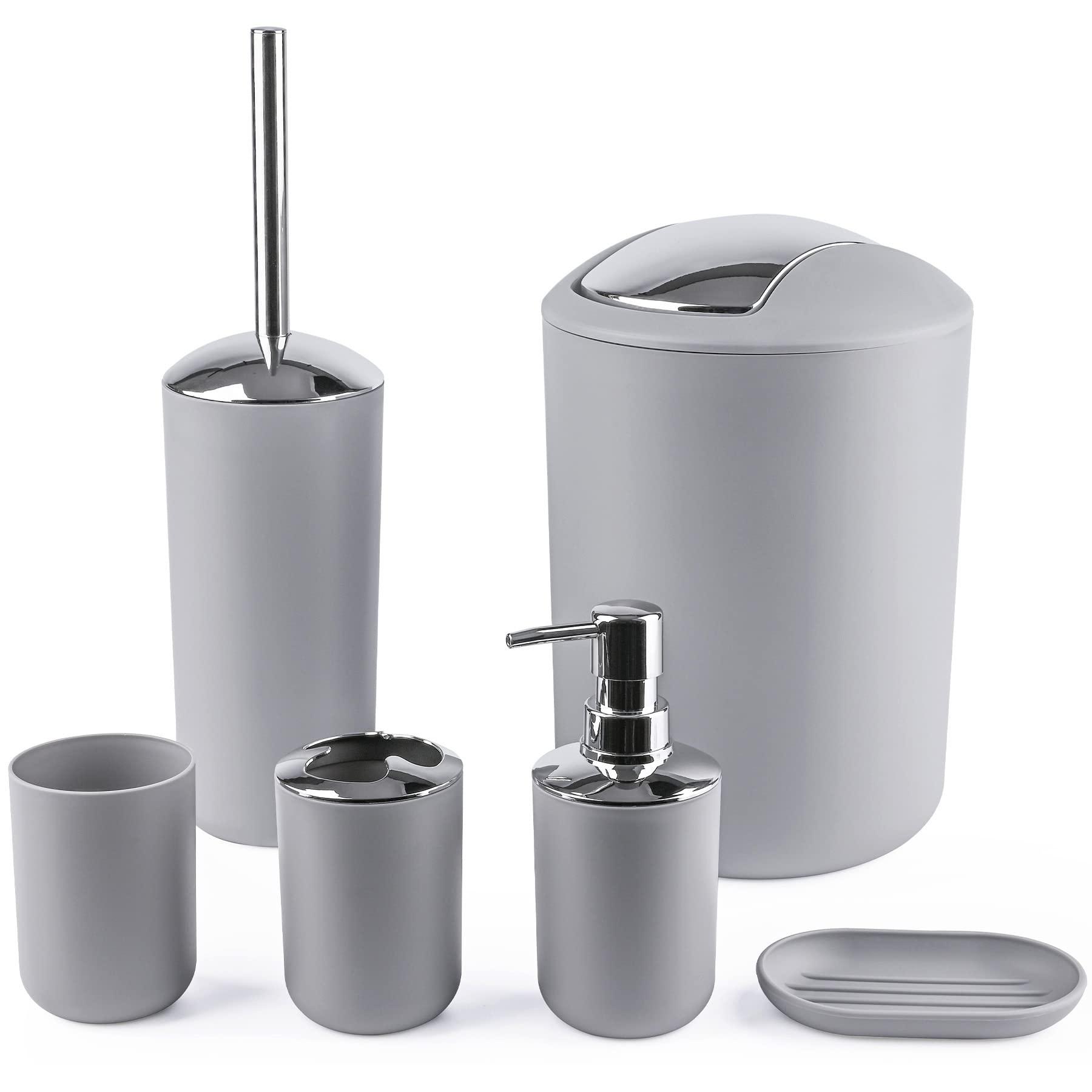 Papillon Bathroom Accessories - 6 Piece Plastic Gift Toothbrush Holder,Toothbrush Cup,Soap Dispenser & Dish,Toilet Brush Holder,Trash Can,Tumbler Straw Set (Gray)