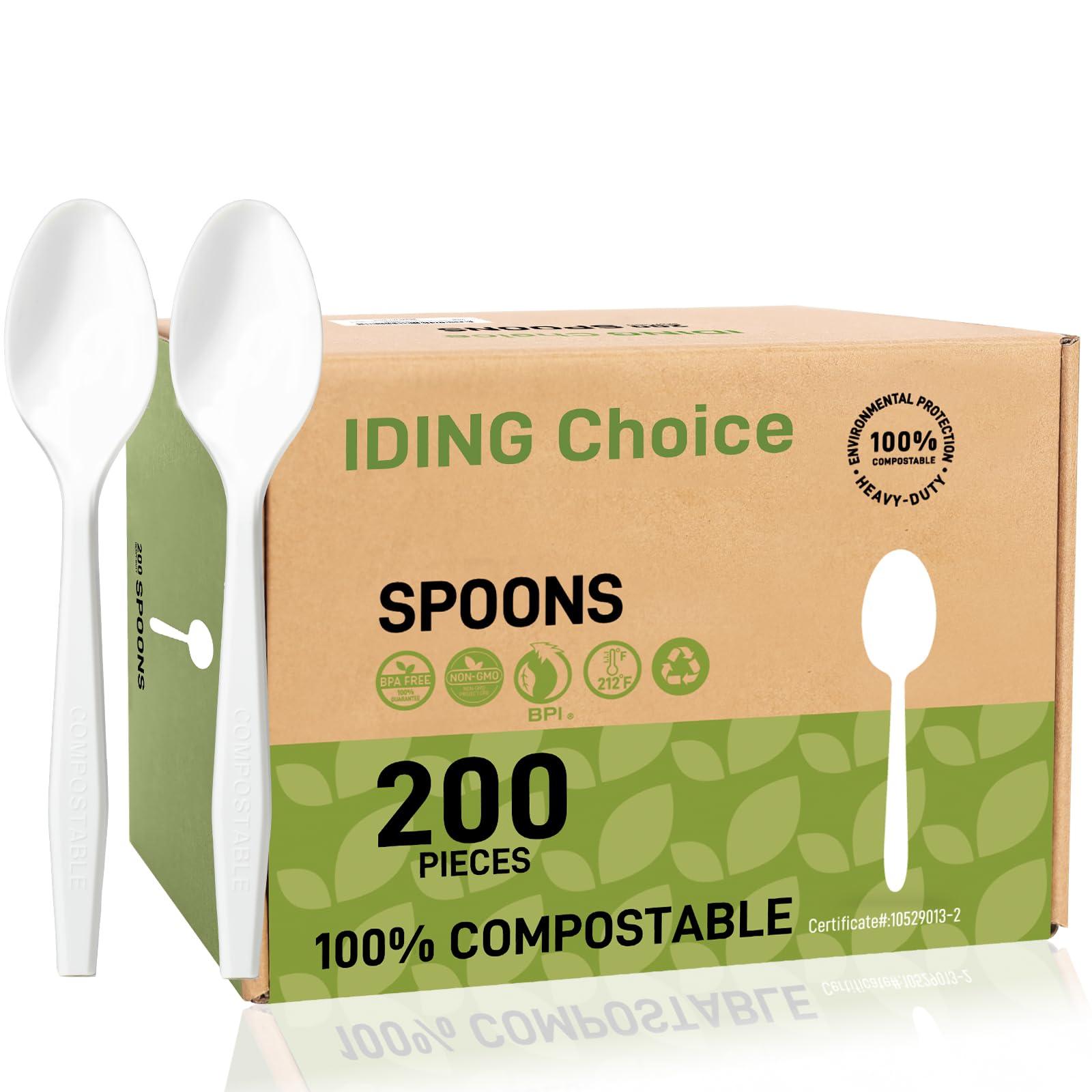 IDING Choice 100% Compostable 200 Count No Plastic Spoons, Plastic Utensils, The Heavyweight Heavy Duty Flatware is Eco-Friendly Products for Lounge Party Wedding Office BBQ Picnic Camping.