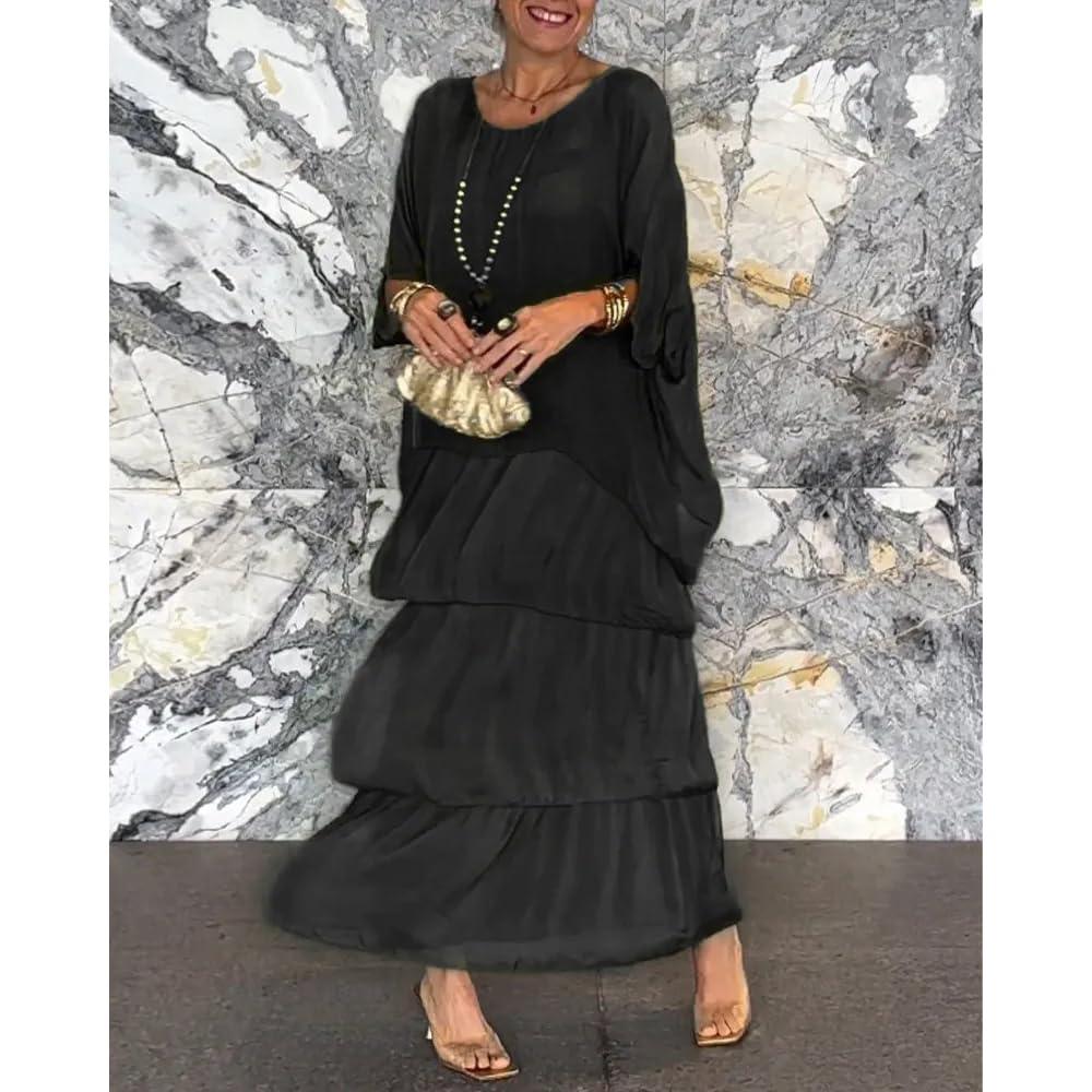 EUUDROBY Artistic Style Loose Dress, Women's Casual A-Line 3/4 Sleeve Round Neck Layered Summer Large Size Maxi Dresses (Gray,XX-Large) - Image 2