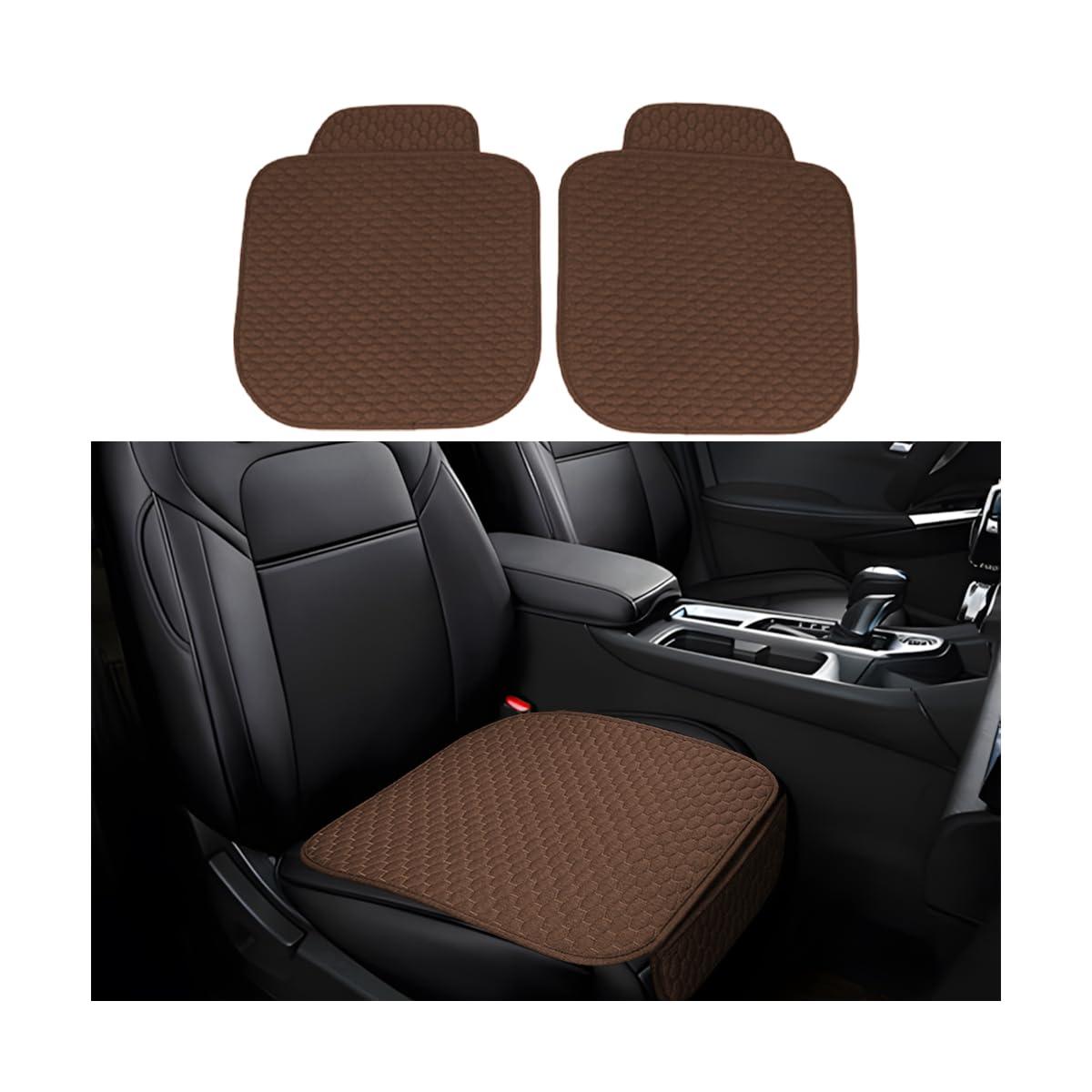 BELOMI Car Seat Bottom Cover Pad, 2PCS Linen Vehicle Front Seat Protector with Storage Pocket, Anti-Slip Automotive Seat Protection Cushion Mat, Universal Fit for Most Sedans SUV Pick-up (Coffee)