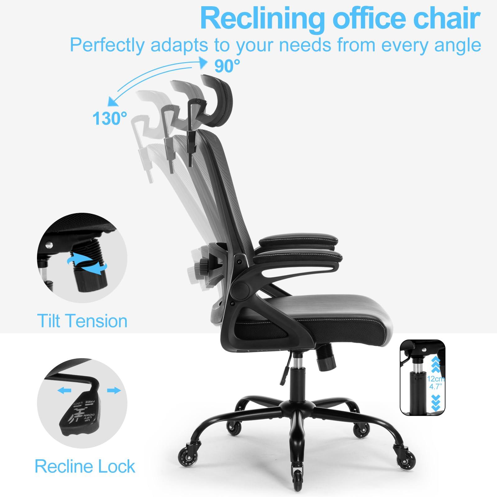 Seevoo Ergonomic Office Chair, Desk Chair with Adjustable Lumbar Support, High Back Mesh Chair with Blade Wheels, Executive Chair for Home Office - Image 6