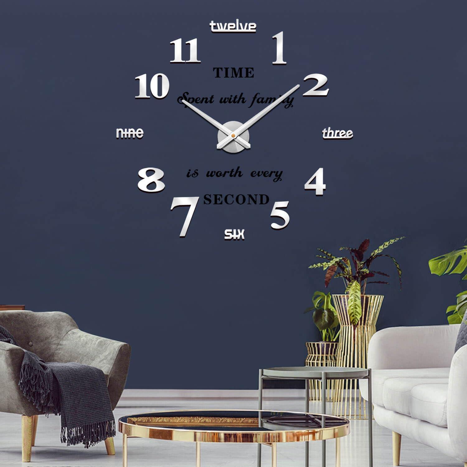 VANGOLD Large Wall Clocks for Living Room Decor, DIY Wall Clock Modern 3D Wall Clock with Mirror Numbers Stickers for Home Office Decorations Ideas (Black) - Image 9