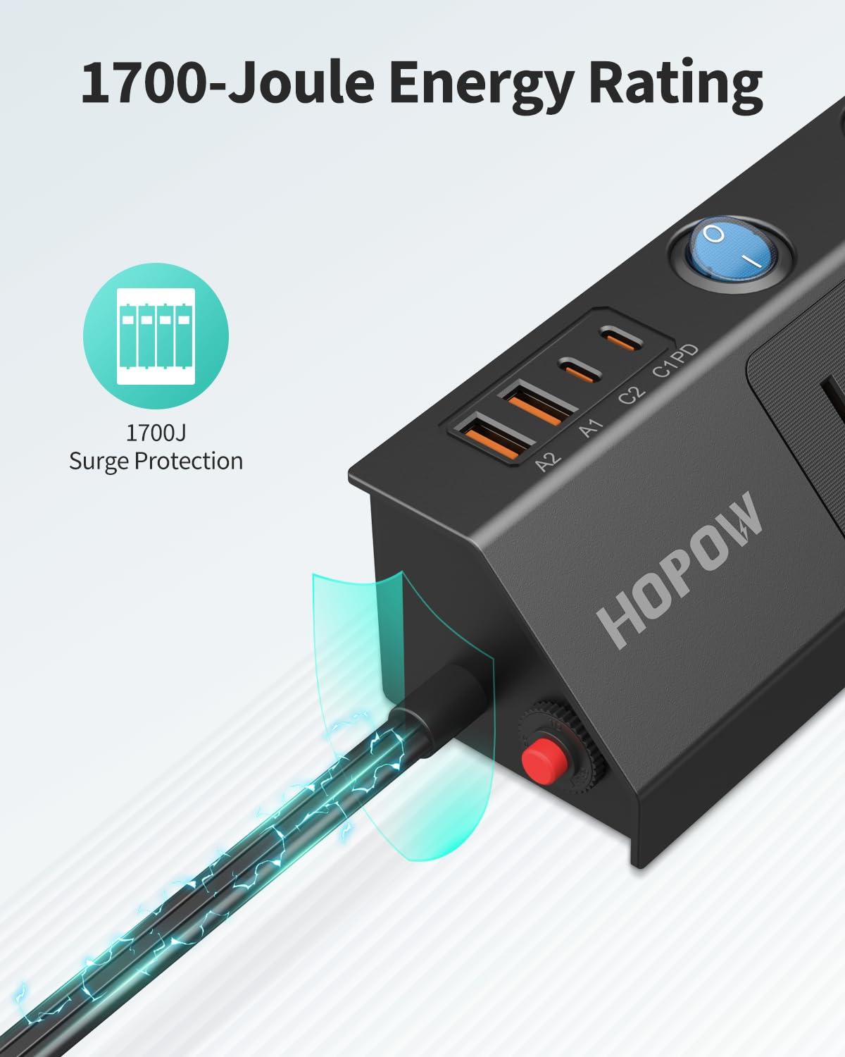 HOPOW Flat Plug Power Strip with Individual Switches, 10 Ft Ultra Thin Flat Extension Cord, 5-Outlet Surge Protector with 2 USB-C (20W PD) & 2 USB-A, 1700 Joules, Wall Mount for Home Office, Black - Image 6