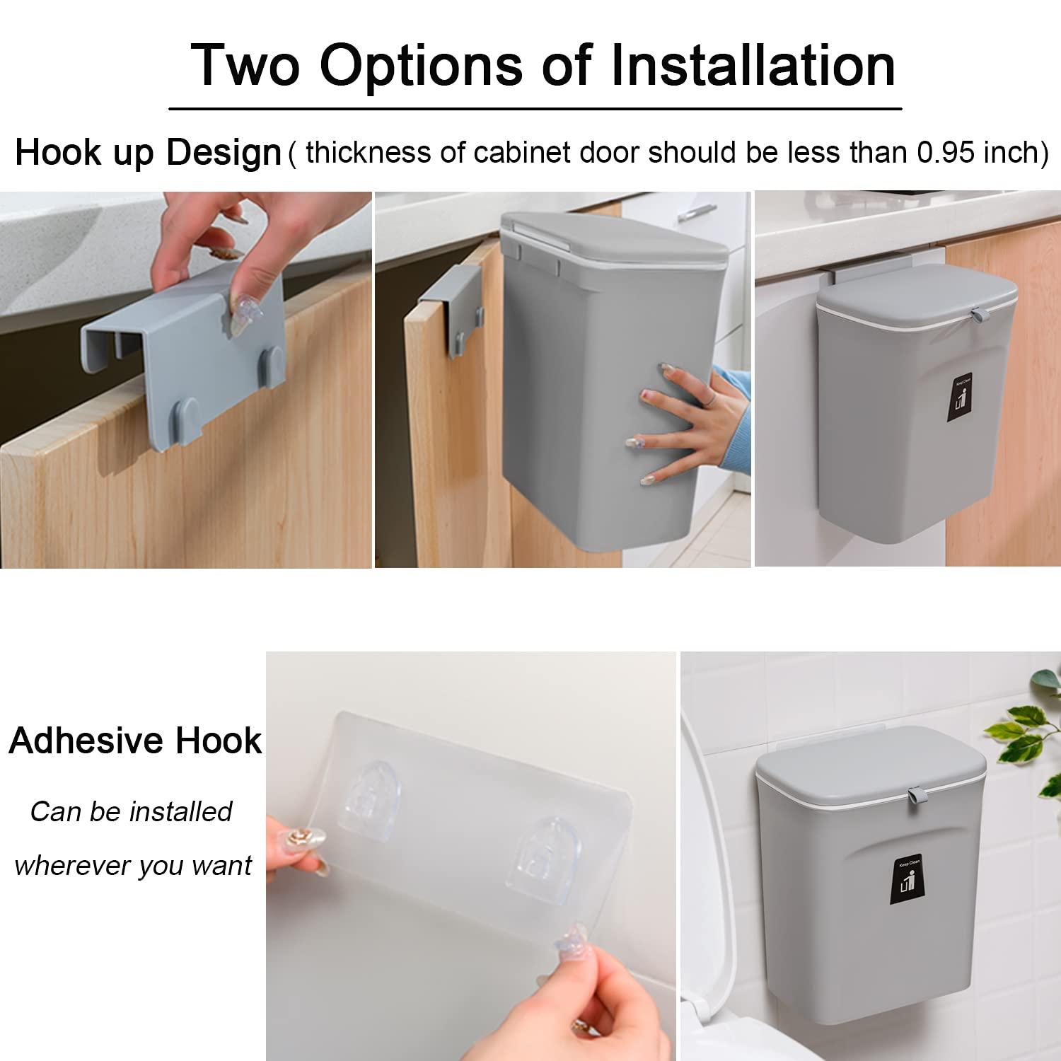 Tiyafuro 2.4 Gallon Kitchen Compost Bin for Counter Top or Under Sink, Hanging Small Trash Can with Lid for Cupboard/Bathroom/Bedroom/Office/Camping, Mountable Indoor Compost Bucket, Gray - Image 5