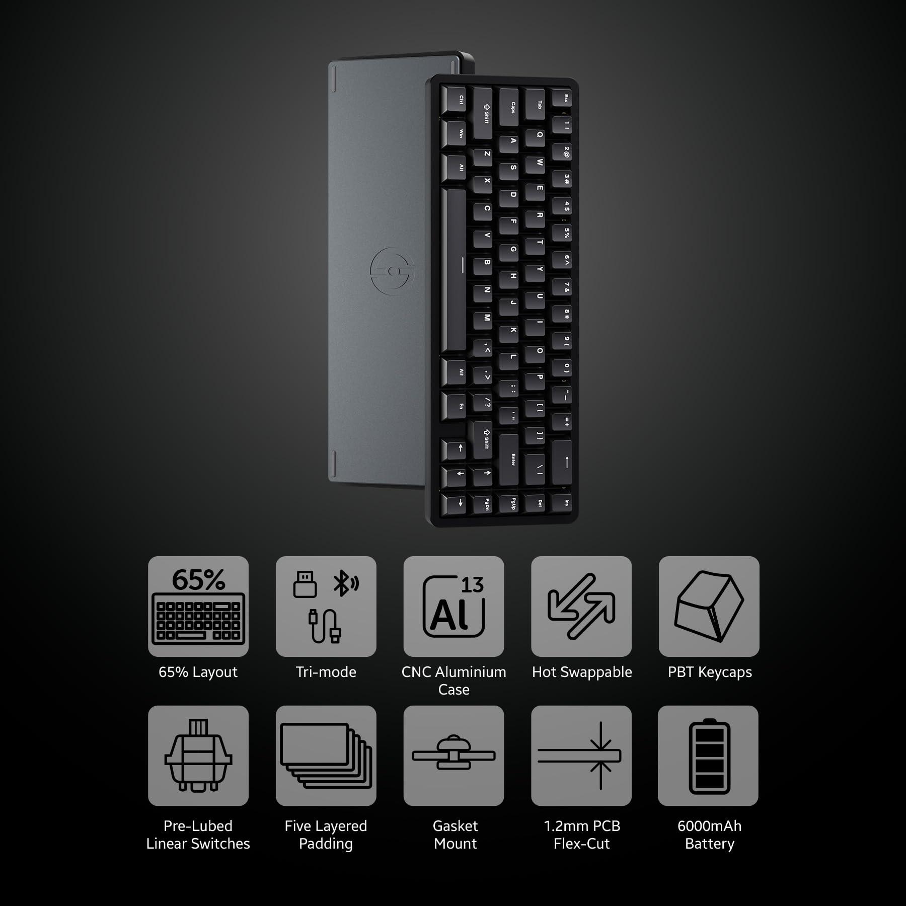Chilkey ND65 Wireless Aluminum Mechanical Keyboard, 65% Layout Portable Gaming Keyboard, Tri-Mode BT5.0/2.4GHz/USB-C Hot Swappable Custom RGB Backlit Key Board for Laptop Office PC - Black - Image 2