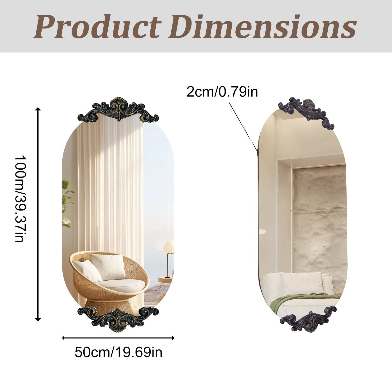 Artloge Frameless Mirror Oblong Oval: 40x20inches Wall Mounted Sleek Silver Mirror with Baroque Style Flower Frame Edge Decorative Vanity for Bathroom Bedroom Livingroom Entryway Hallway - Image 2