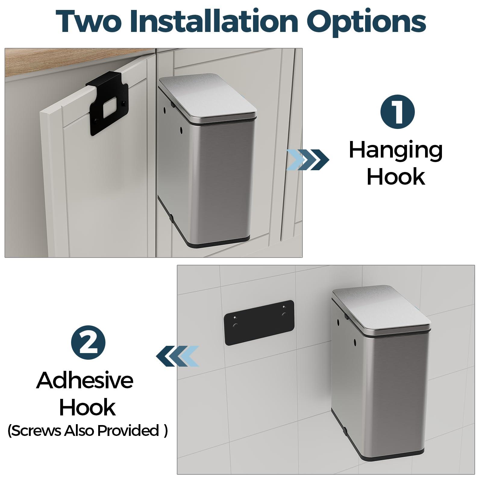 LINSSEN Stainless Steel Hanging Trash Can with Lid and Inner Bucket, 2 Gallon Kitchen Compost Bin for Counter Top, Under Sink or Wall Mount, Small Garbage Can for Cupboard/Bathroom/Bedroom/RV - Image 2