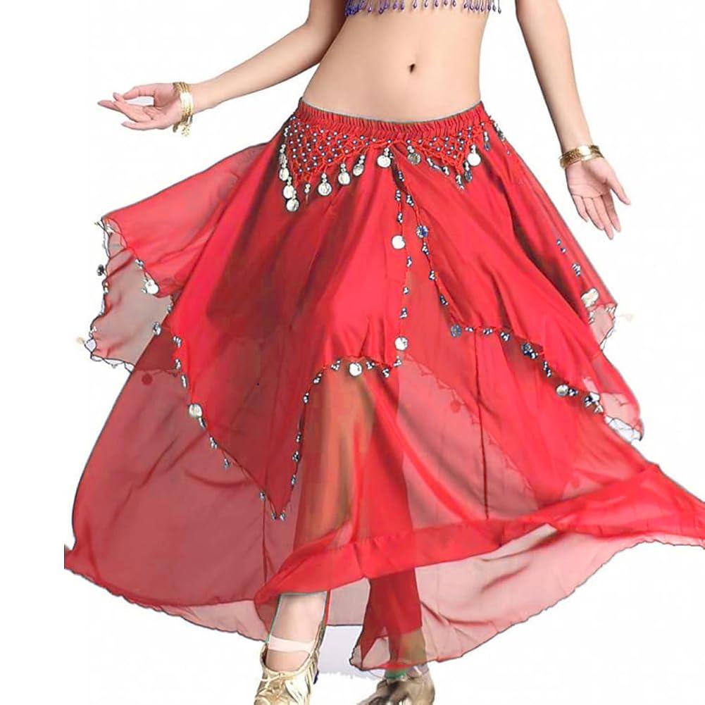 Tefrica Women's Chiffon Belly Dance Costume Skirts Indian Dance Skirt with Coins