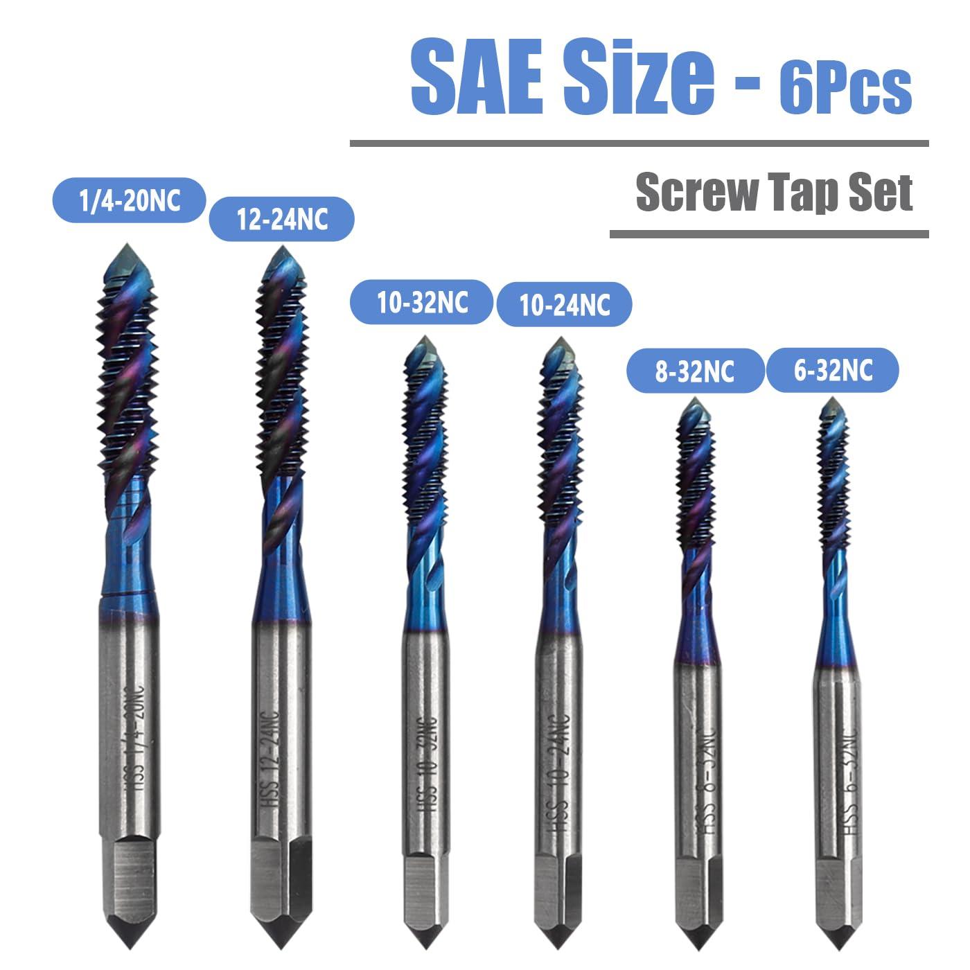 Mesee 6 Pieces Spiral Flute Tap Set SAE Size Nano Blue Coated HSS Machine Screw Taps 6-32NC 8-32NC 10-24NC 10-32NC 12-24NC 1/4-20NC Screw Threading Tap Drill Bits Thread Tapping Tool - Image 3