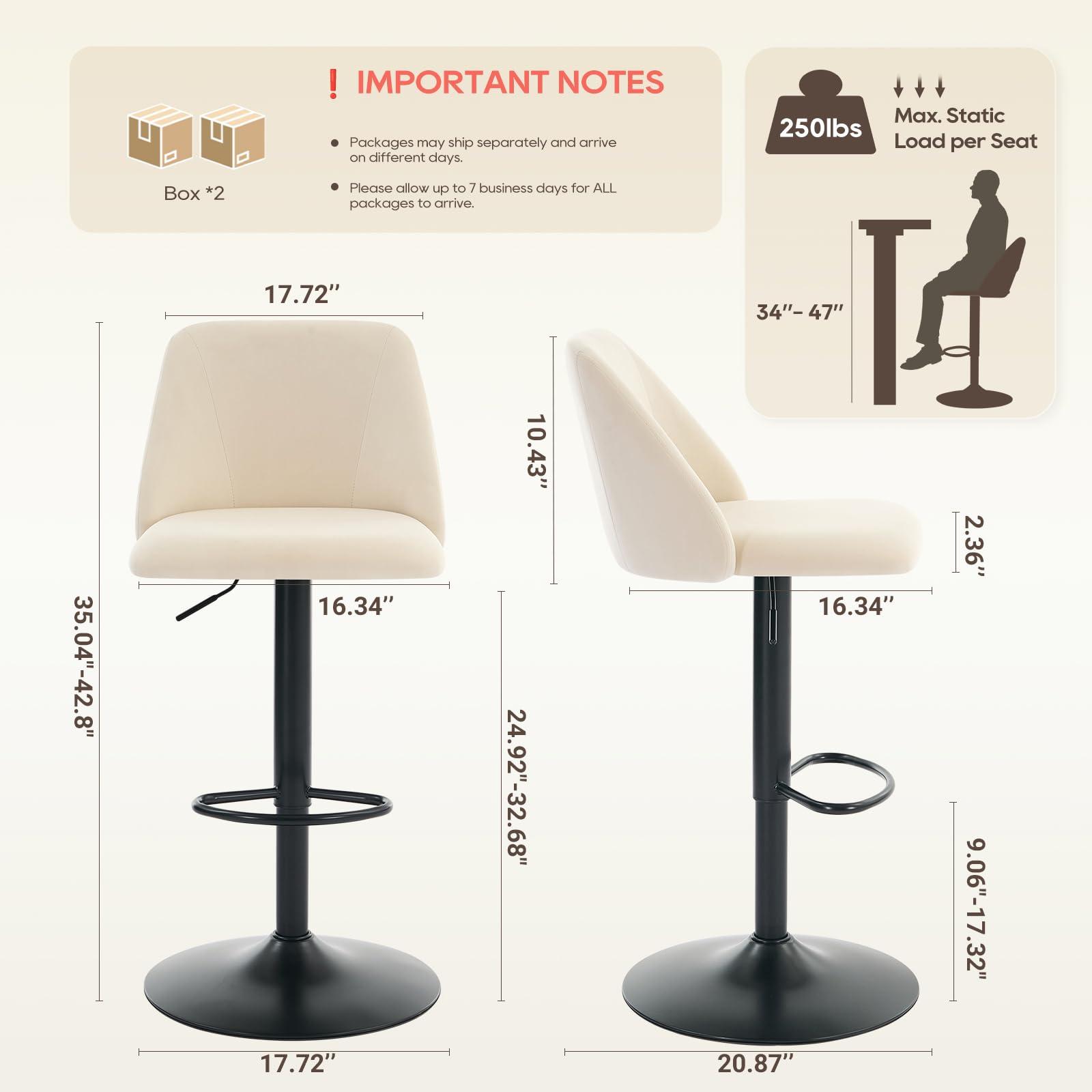COLAMY Bar Stools Set of 4, Modern Swivel Bar Chairs, Adjustable Upholstered Barstools Counter Height with Full Backrest for Bar, Dining Room, Kitchen Island, Beige - Image 2