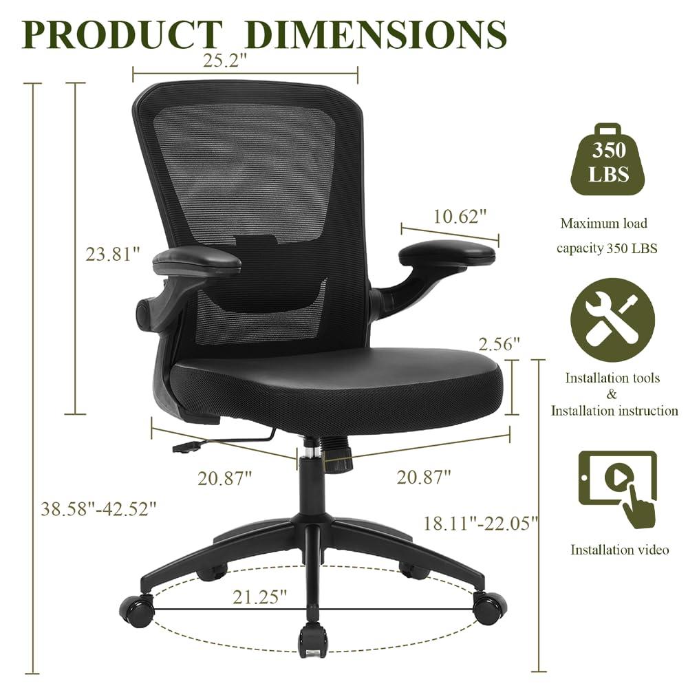 TOPBSHODC Ergonomic Office Chair 350lbs PU Leather Mesh Desk Chair with Lumbar Support, Flip-Up Arms, Swivel Wheels, Adjustable Height, Rolling Executive Computer Task Chair for Home Office,Black - Image 3