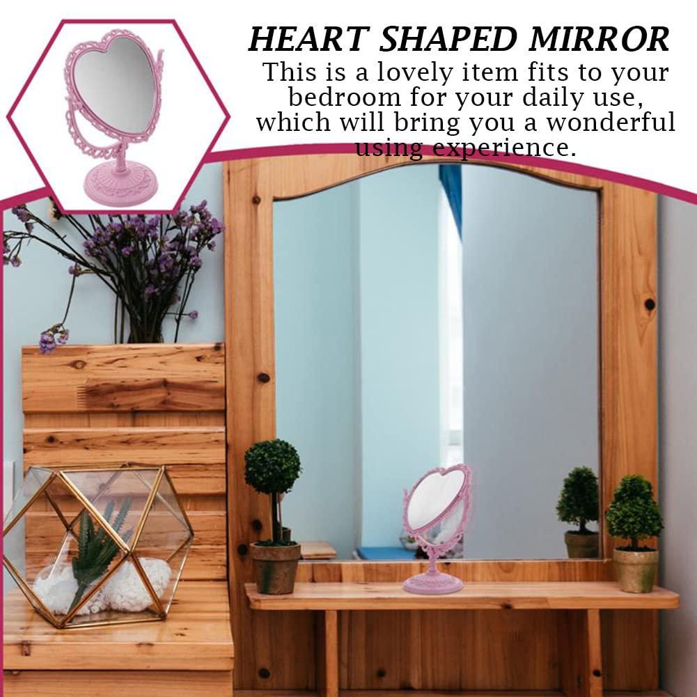 AKOAK 1 Pack Simple and Lovely Heart-Shaped Cosmetic Mirror Plastic Double-Sided Rotatable Dresser Mirror Lightweight Portable Bathroom Bedroom Mirror （Four-Color）(Pink) - Image 6