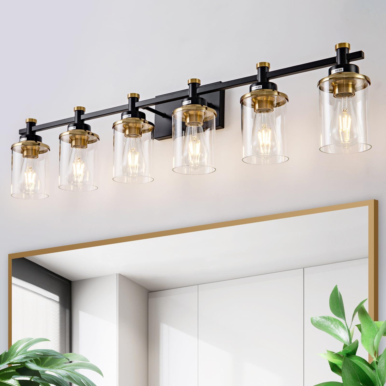 Aixialin 6 Bathroom Vanity Lights, Black and Gold Bathroom Light Fixtures, Sconces Wall Lighting with Clear Glass Shade, Modern Brushed Gold Vanity Lighting Fixtures for Bathroom, Bedroom, Hallway