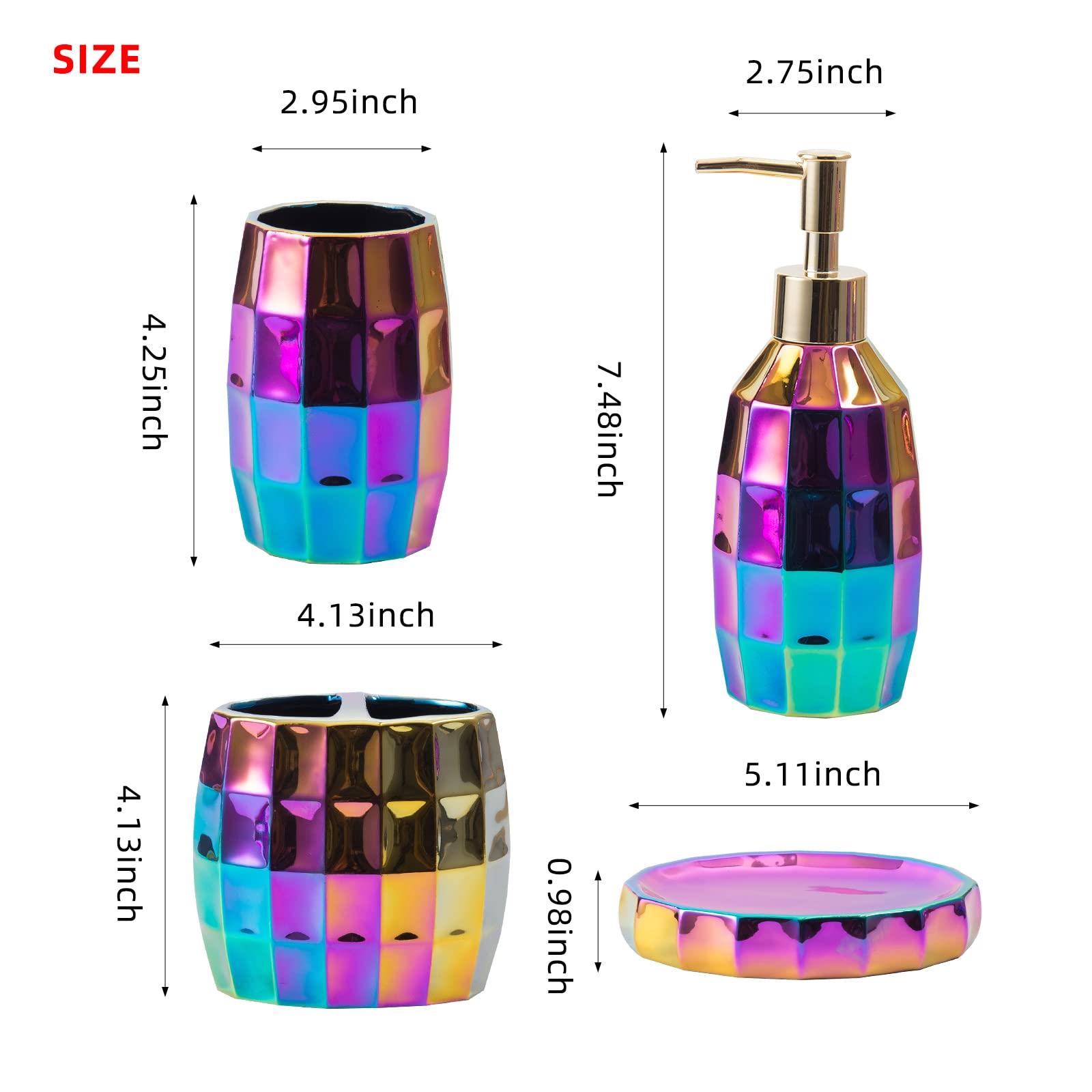 Rainbow Bathroom Accessory Set, Colorful/Gold Mosaic Ceramic Bathroom Accessories Sets Includes Lotion Dispenser, Toothbrush Holder Tumbler, and Soap Dish - Image 3