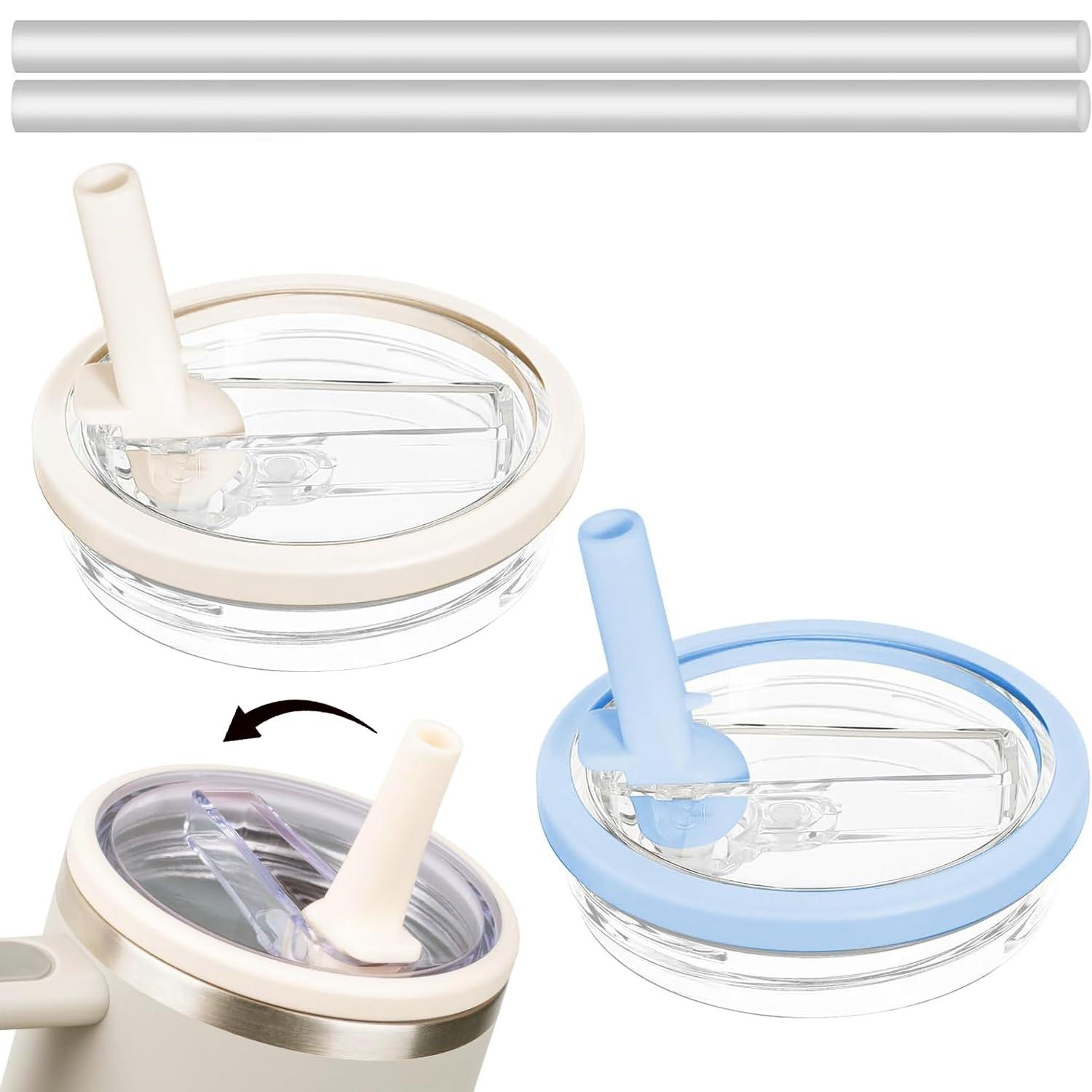 2 Pack 40 oz Tumbler Flip Straw Lid for Stanley Quencher Leak Proof Lid Replacement for Stanley H2.0 Flow State Tumbler, Spill Proof Reusable Lid for Stanley Tumbler Cup (Blue+Cream, 30 oz)