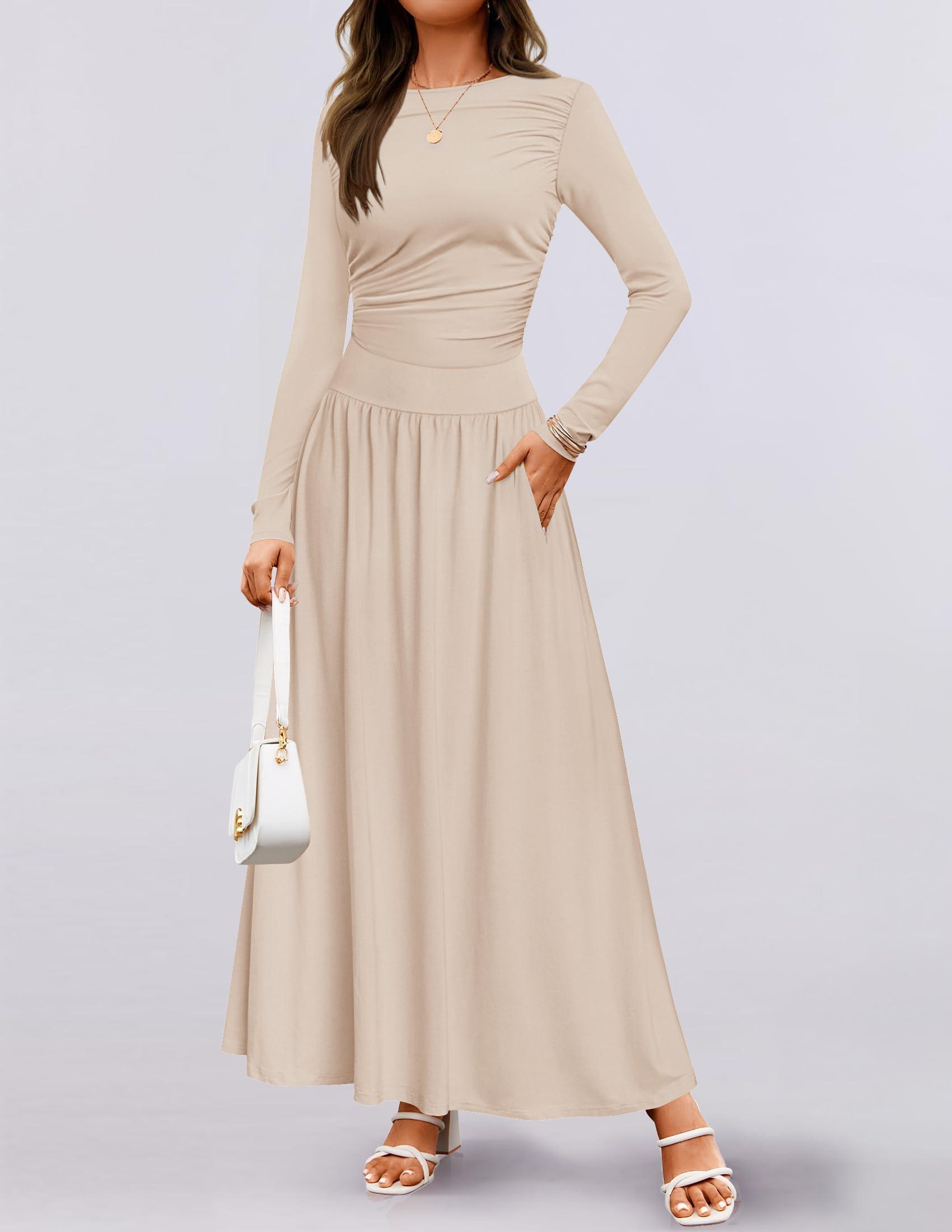 ZESICA Women's Long Sleeve Spring Maxi Dress 2025 Crewneck Knit Casual Slim Swing Pleated Dresses with Pockets - Image 2