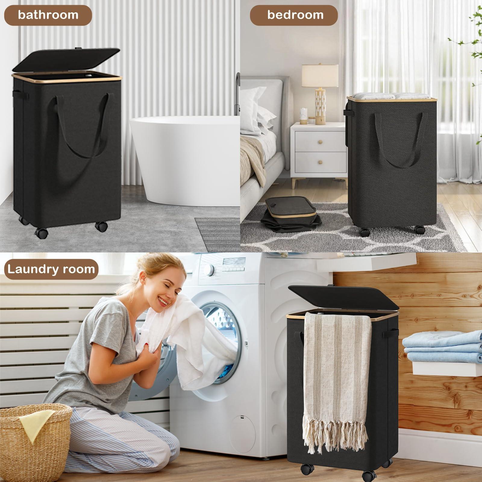 Large Laundry Basket with Wheels,100L Tall Laundry Hamper with Lid and Removable Liner Bag,Collapsible Dirty Clothes Hamper for Bathroom,Bedroom,Dorm & Laundry Room,Black - Image 3