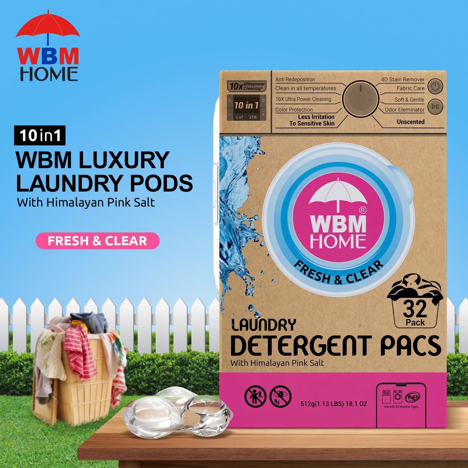 WBM Home Laundry Detergent Pods, 32 Count | Fresh & Clear Unscented | Laundry Pods 10x Ultrapower Cleaning With Color Protection and Eco-Friendly Packaging - Image 2