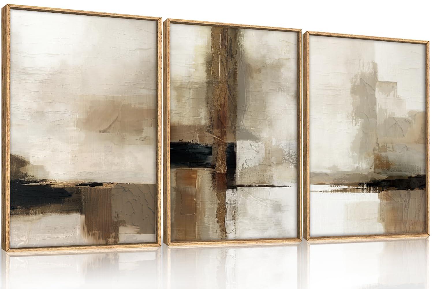 HOURIA Large Abstract Neutral Framed Canvas Wall Art Set,Brown Beige Wall Decor,Minimalist Black Wall Painting,Modern Brush Stroke Line Art Print for Living Room,Bedroom,Office- 16"x24"x3