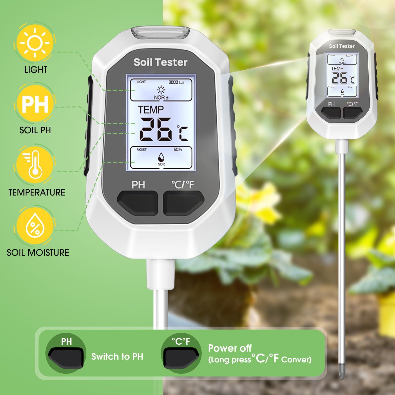 YAMRON 4-in-1 Soil Moisture Meter Digital Plant Temperature/Soil Moisture/PH Meter/Sunlight Intensity Backlight LCD Display Soil Test Meter for Gardening, Farming and Outdoor Plants - Image 2