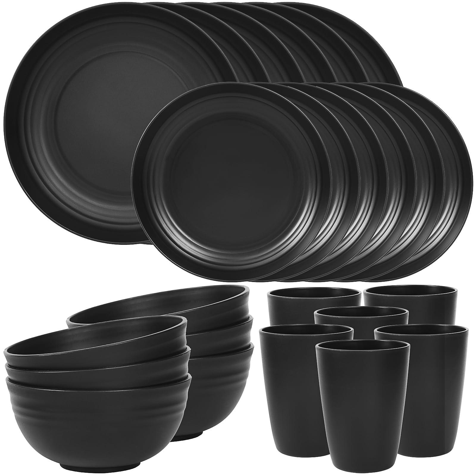 Quatish 24 Piece Plates and Bowls Sets of 6, Unbreakable Wheat Straw Dinnerware Sets, Plastic Dish Set for Camping, Dishwasher Microwave Safe, Outdoor Kitchen and Apartment Dinning Essentials, Black