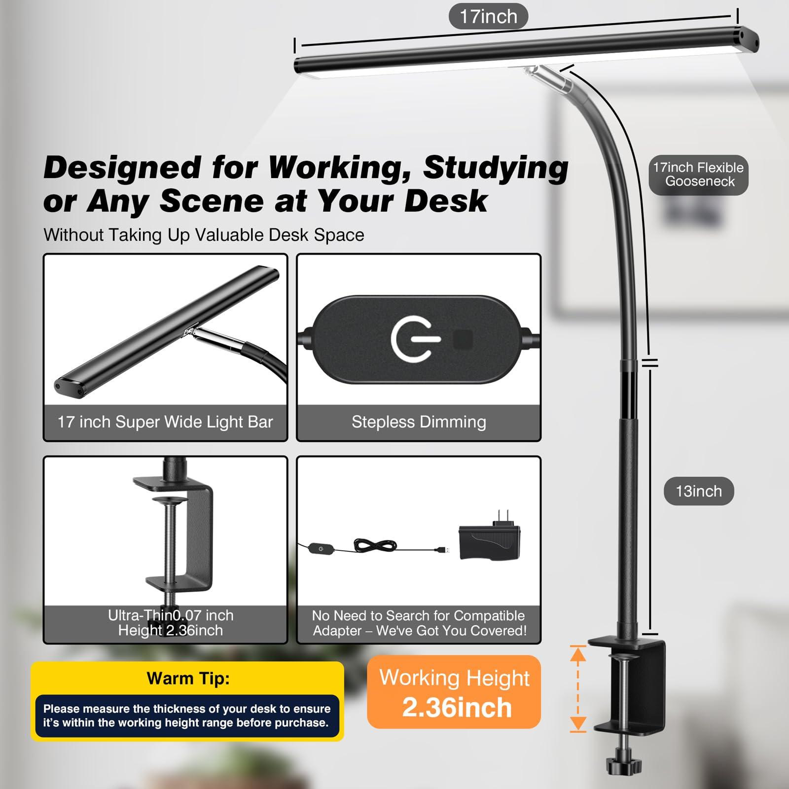 Airlonv LED Desk Lamp for Office Home, Eye-Caring Desk Light with Stepless Dimming Adjustable Flexible Gooseneck, 10W USB Adapter Desk Lamp with Clamp for Reading, Study, Workbench (Black) - Image 3