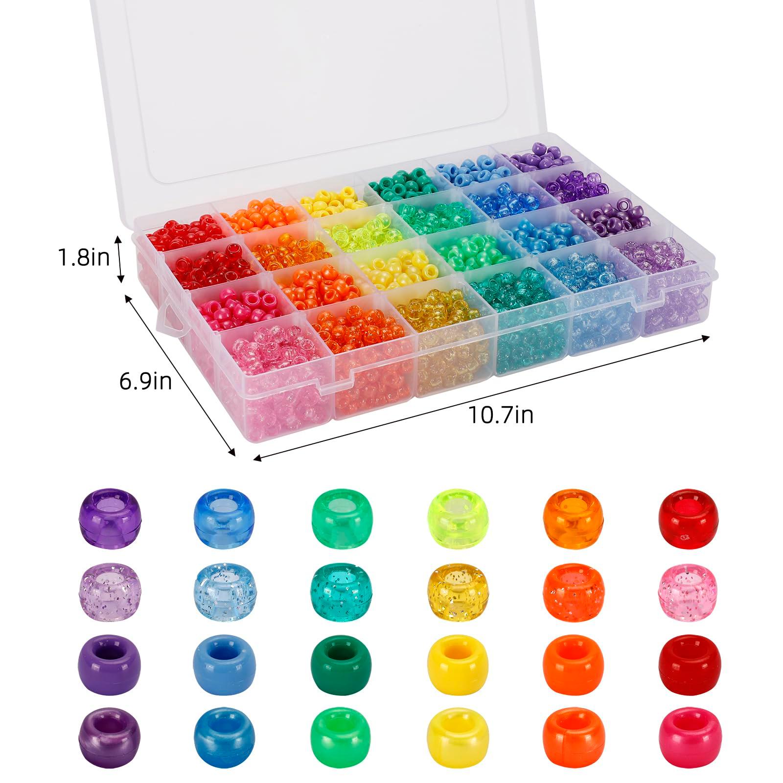 Quefe 2880pcs Pony Beads Kit, Kandi Beads for Hair, Rainbow Beads Plastic Bead for Craft 6 x 9mm 24 Colors 4 Styles Large Hole Beads Set for Bracelets Jewelry Making - Image 3
