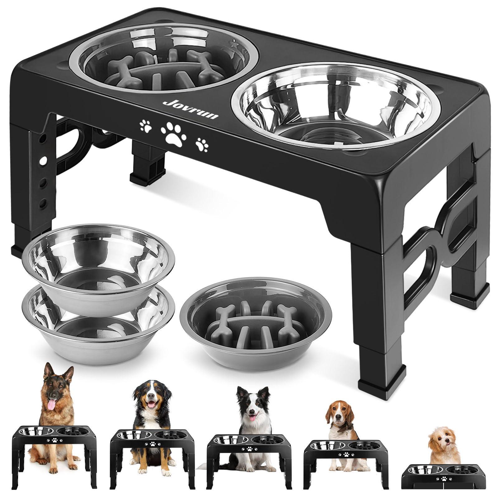 Jovrun Elevated Dog Bowls, Dog Feeder with 2 Stainless Steel Dishes &1 Slow Feeder Bowl, 5 Heights Adjustable Raised Stand for Medium Large, Food Dishes with Non-Slip Feet