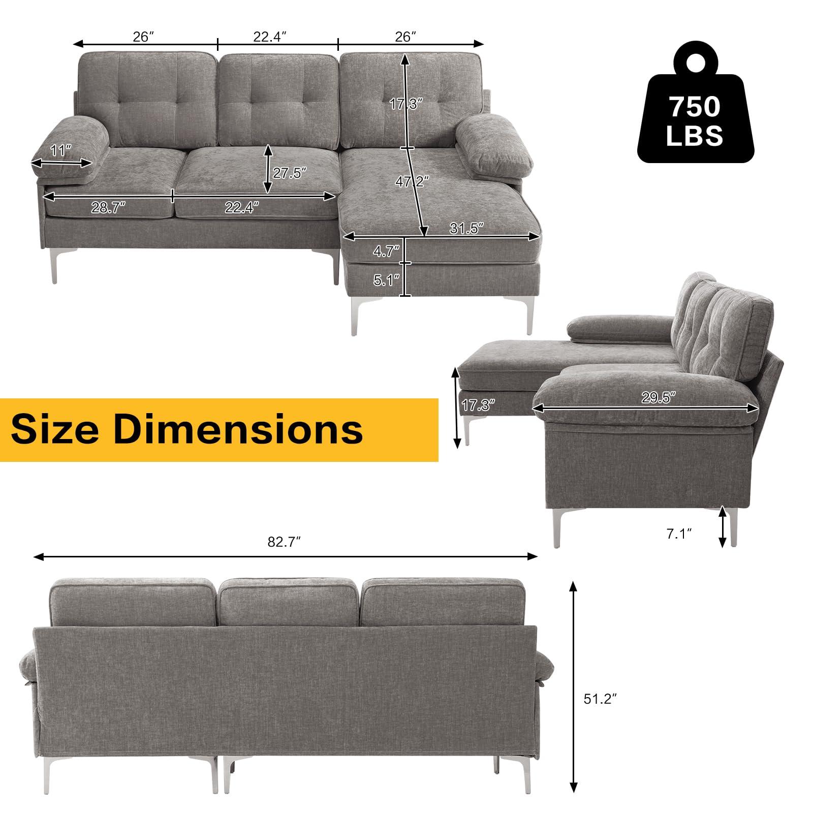 COHOME 83in L-Shaped Couch, Chenille Upholsted Sofa with Reversible Chaise,3-Seat Couch for Living Room, Convertible Sectional with Removable Covers,Grey - Image 2