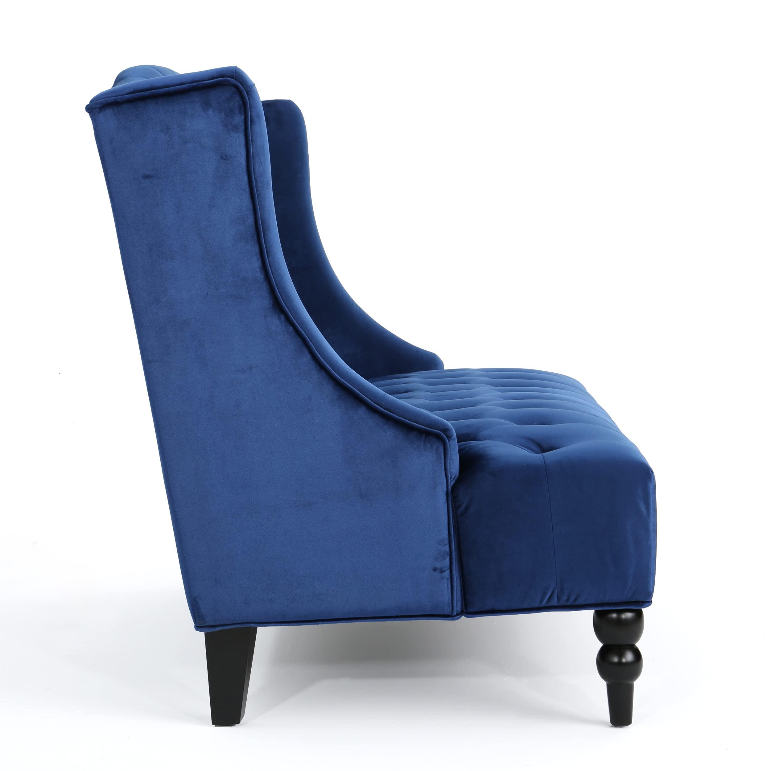 Christopher Knight Home Leora Traditional Tufted Velvet Wingback Loveseat, Navy Blue / Dark Brown - Image 4