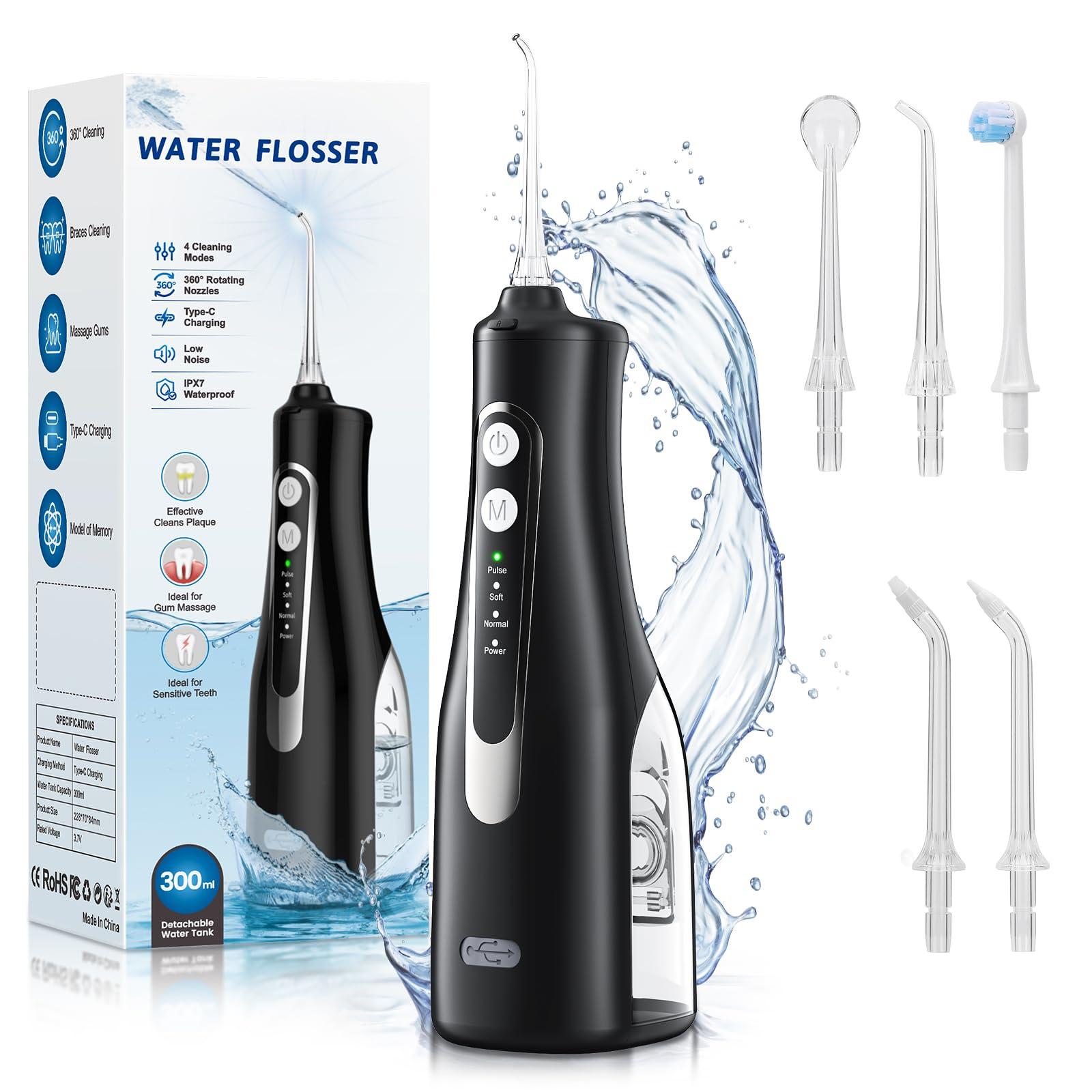 Water Dental Flosser Teeth Pick - 4 Modes Cordless Oral Irrigator - 300ML Portable and Rechargeable IPX7 Waterproof - Water Dental Piks for Cleaning for Home Travel - Oral Dental Care Fsa Hsa - Image 1