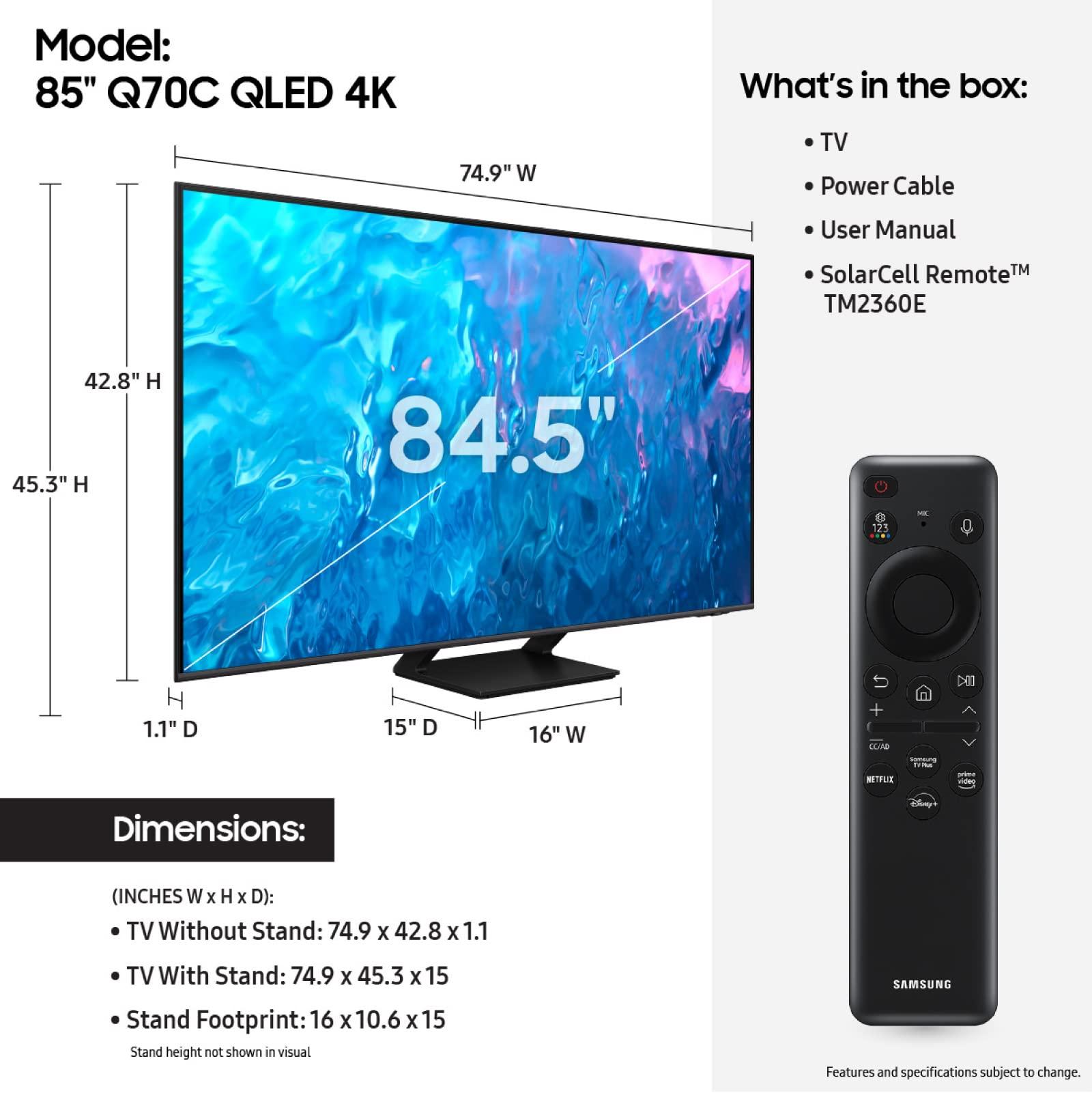 SAMSUNG 85-Inch Class QLED 4K Q70C Series Quantum HDR, Dual LED, Object Tracking Sound Lite, Q-Symphony, Motion Xcelerator Turbo+, Gaming Hub, Smart TV with Alexa Built-in (QN85Q70C, 2023 Model),Black - Image 2