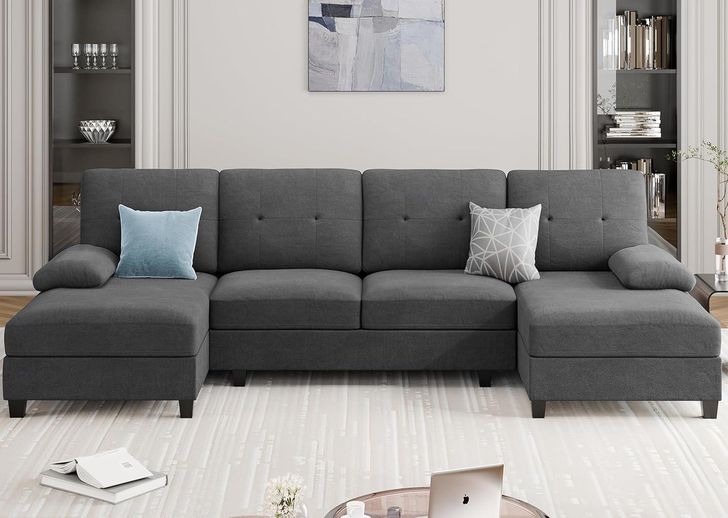 Meilocar Sectional Couches for Living Room, U Shaped Couches, Sectional Sofa with Double Chaise, 4 Seat Living Room Set, Black - Image 8