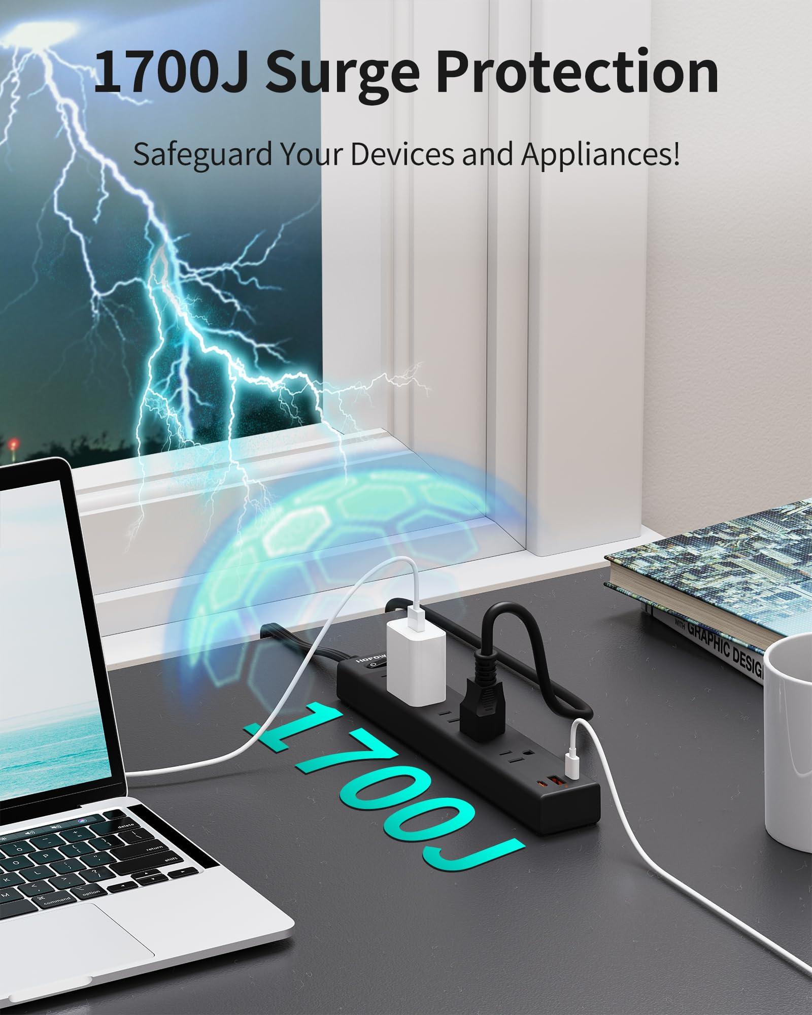 HOPOW Power Strip Surge Protector, 2 Pack, 10 Ft Ultra Thin Flat Extension Cord, Surge Protector with 5 Outlets & 3 USB Ports (2 USB C), 1700 Joules, 3-Prong, Wall Mount for Home Office Dorm, Black - Image 6