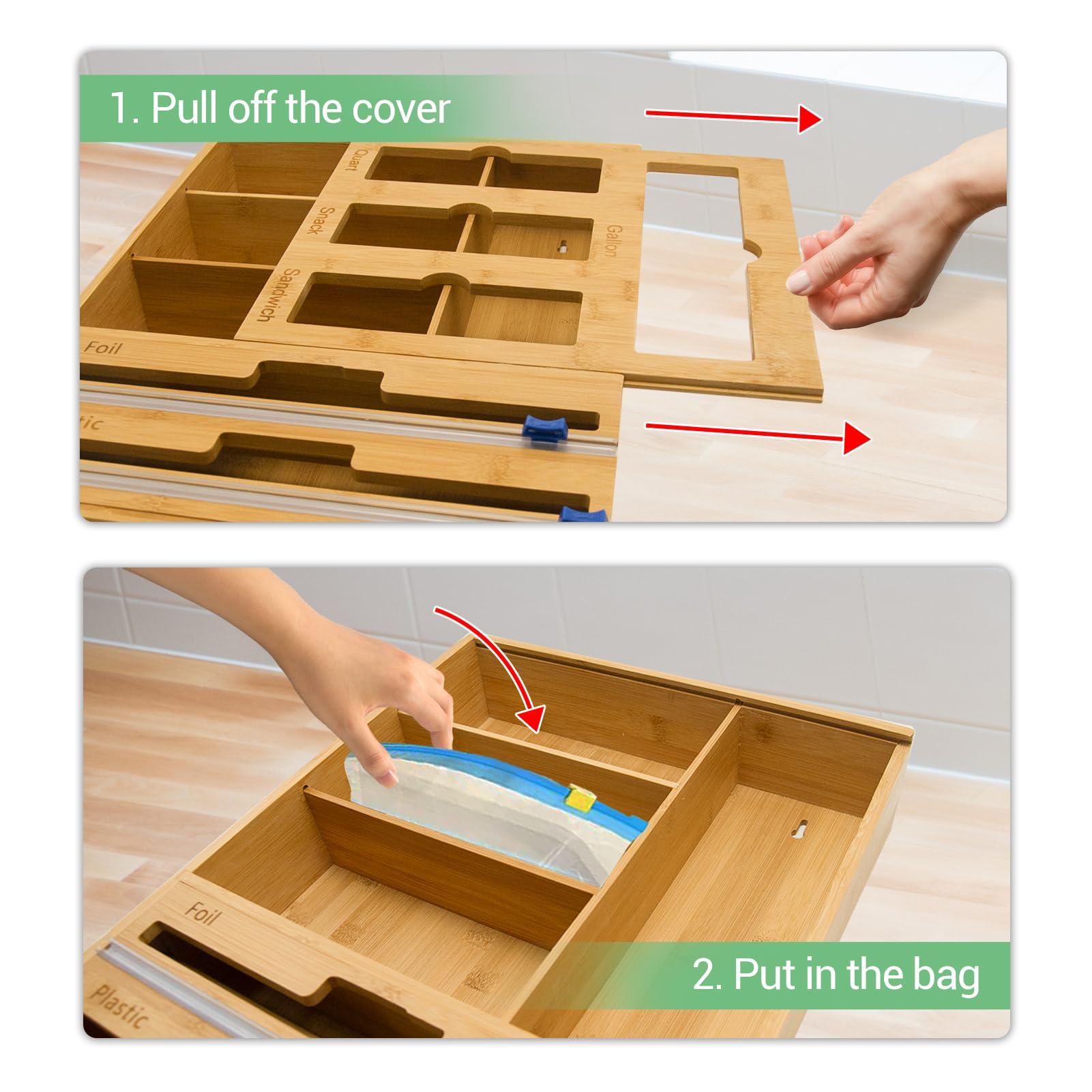 WHOMASS Bamboo Kitchen Drawer Organizer 7-in-1 for Food Bags and Wraps Adjustable Compartment Storage with Baggy Rack Dispenser and Cutter Fits Gallon Quart Sandwich and Snack Sizes - Image 6