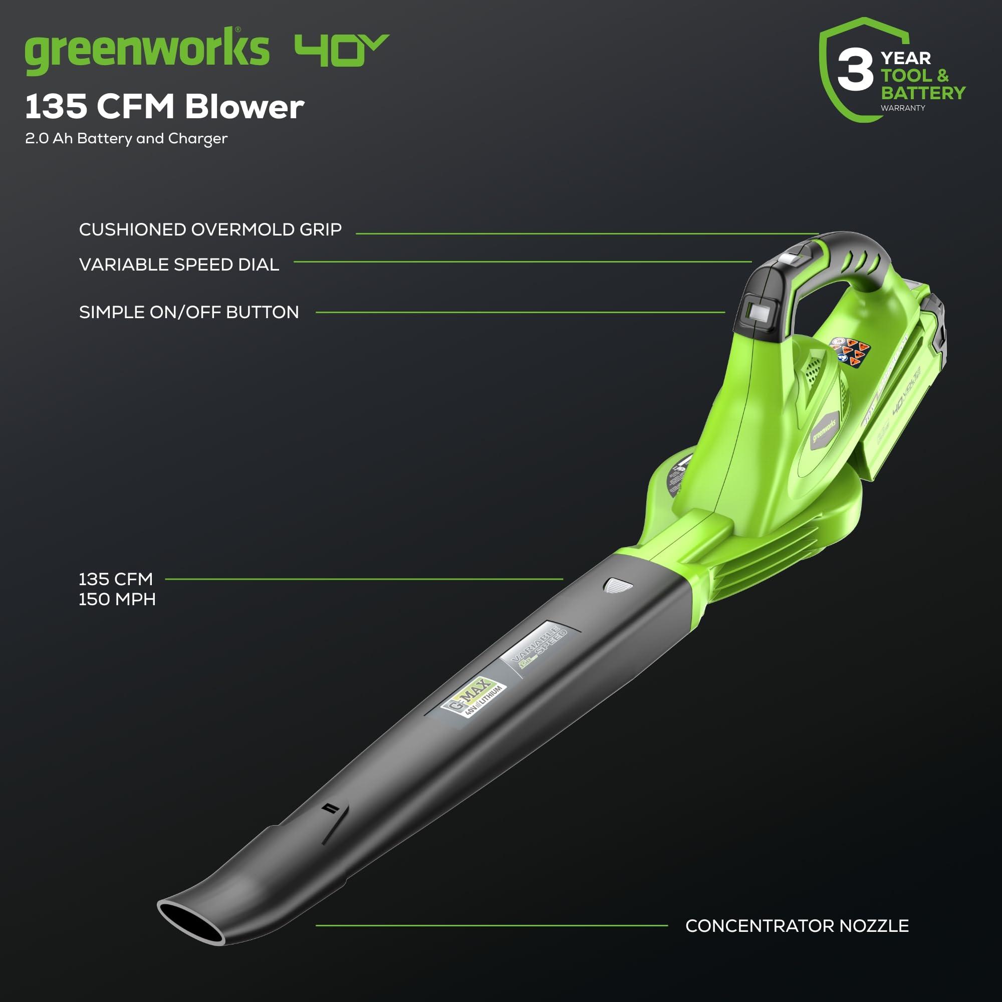 Greenworks 40V Leaf Blower/Sweeper, 150 MPH, Lightweight, Quiet, with 2.0 Ah Battery and Charger, Perfect for Residential Lawn Care, Leaf Blowing Debris, Dust, Light Snow, and More - Image 2