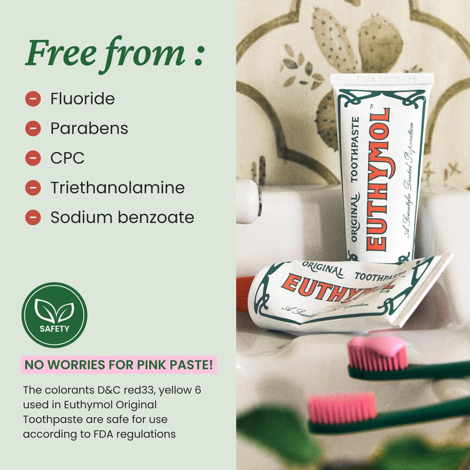 EUTHYMOL Original Pink Toothpaste (3.7fl oz/Pack of 1) - Fluoride-Free Toothpaste for Sensitive Teeth & Gum. Bad Breath, Cavity Prevention, 12-Hour Long Lasting Freshness with Wintergreen - Image 5