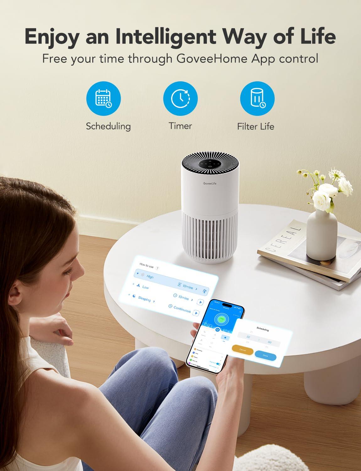 GoveeLife Mini Air Purifier for Bedroom, HEPA Smart Filter Air Purifier with App Alexa Control for Pet Hair, Odors, Pollen, Smoke, Portable Air Cleaner with 3 Speeds, 2 Modes, Timer, Aroma for Home - Image 3