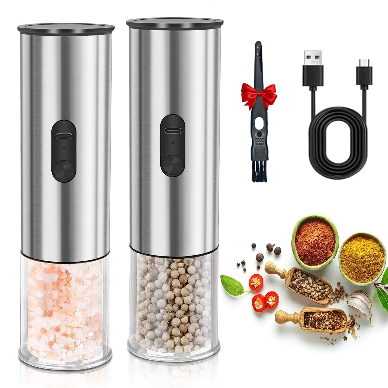 Enutogo Electric Salt and Pepper Grinder Set, Rechargeable Salt and Pepper Shakers Refillable, Automatic Pepper Mill with Adjustable Coarseness, One Hand Operation with LED light, Stainless Steel
